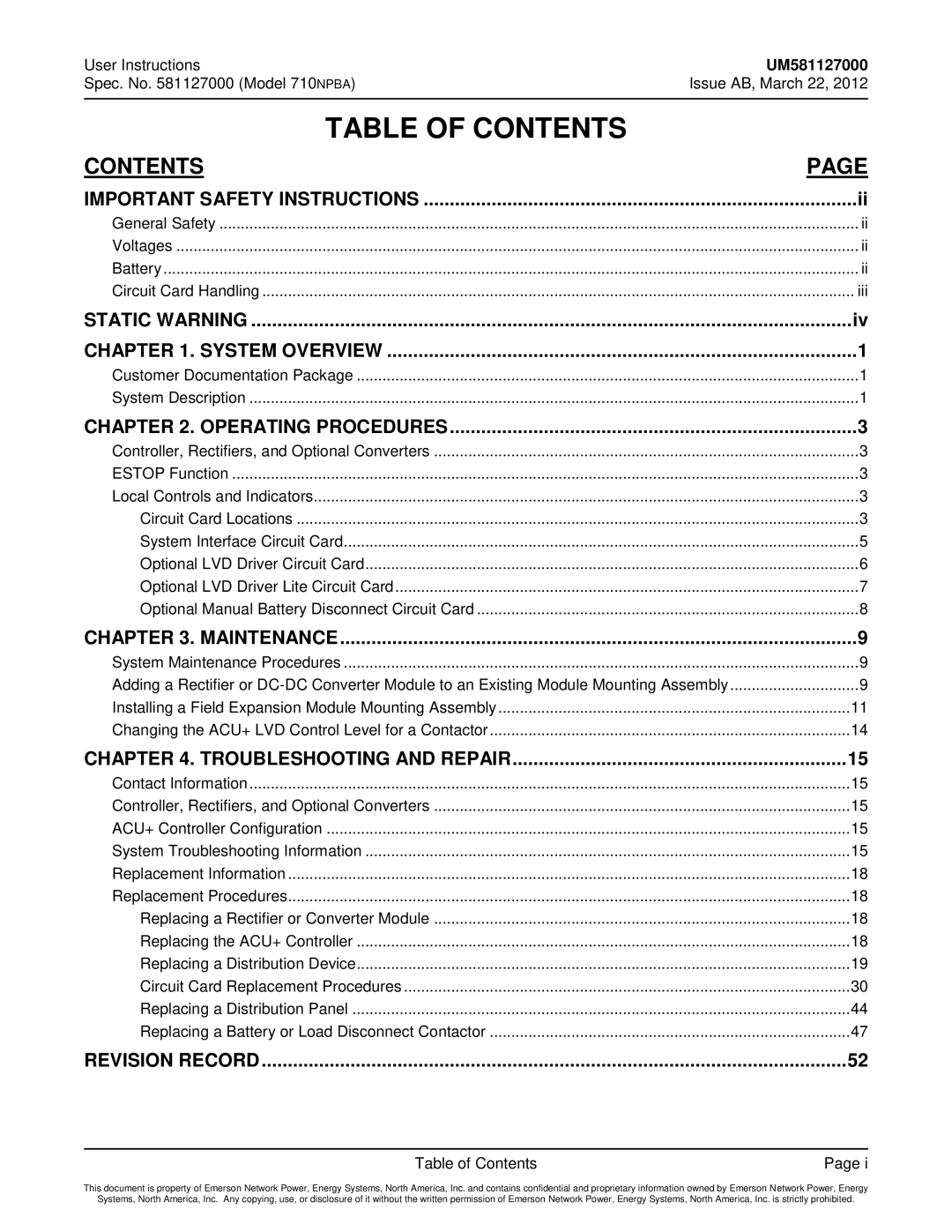 Emerson 710NPBA manual Table of Contents 