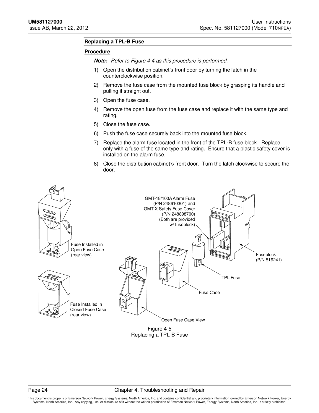 Emerson 710NPBA manual Replacing a TPL-B Fuse Troubleshooting and Repair 