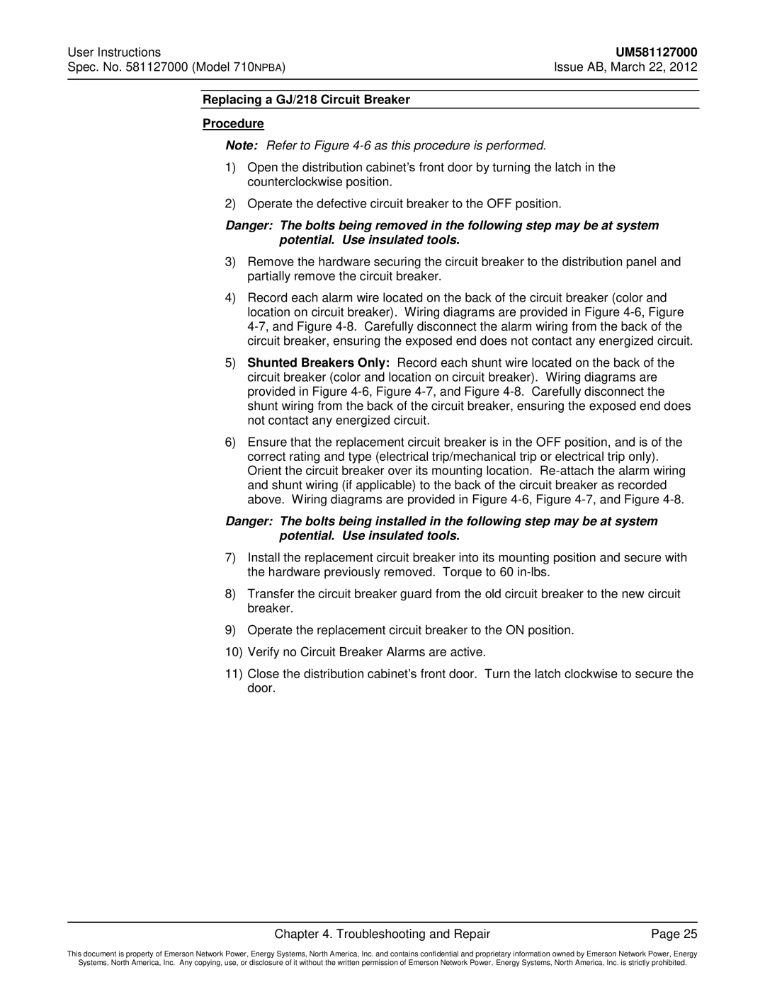 Emerson 710NPBA manual Replacing a GJ/218 Circuit Breaker Procedure 