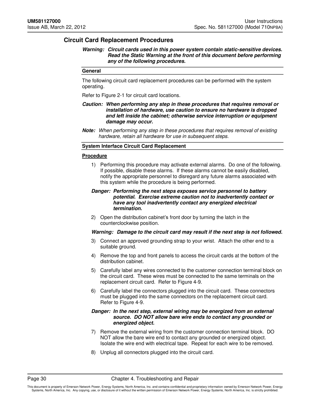 Emerson 710NPBA manual Circuit Card Replacement Procedures, Issue AB, March 22 Spec. No Model 710 Npba 