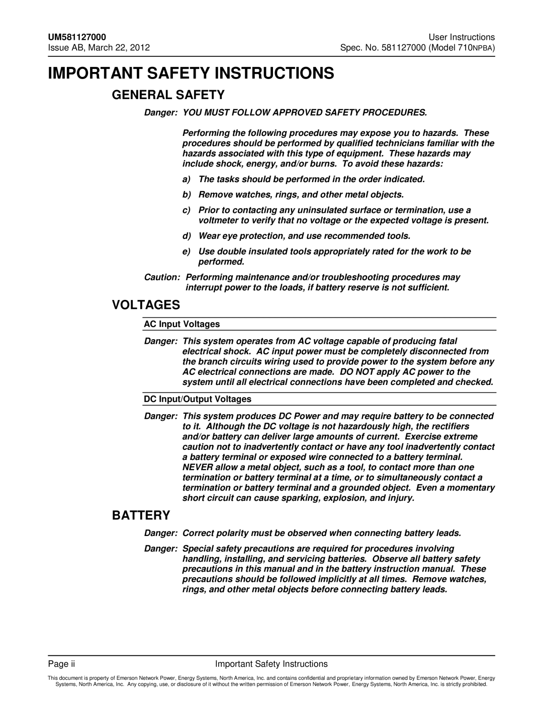 Emerson 710NPBA manual General Safety, Battery, AC Input Voltages DC Input/Output Voltages 