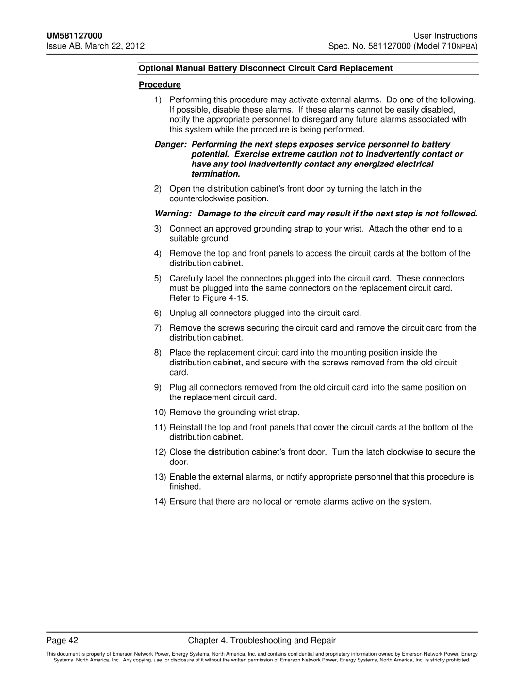 Emerson manual User Instructions Issue AB, March 22 Spec. No Model 710NPBA 