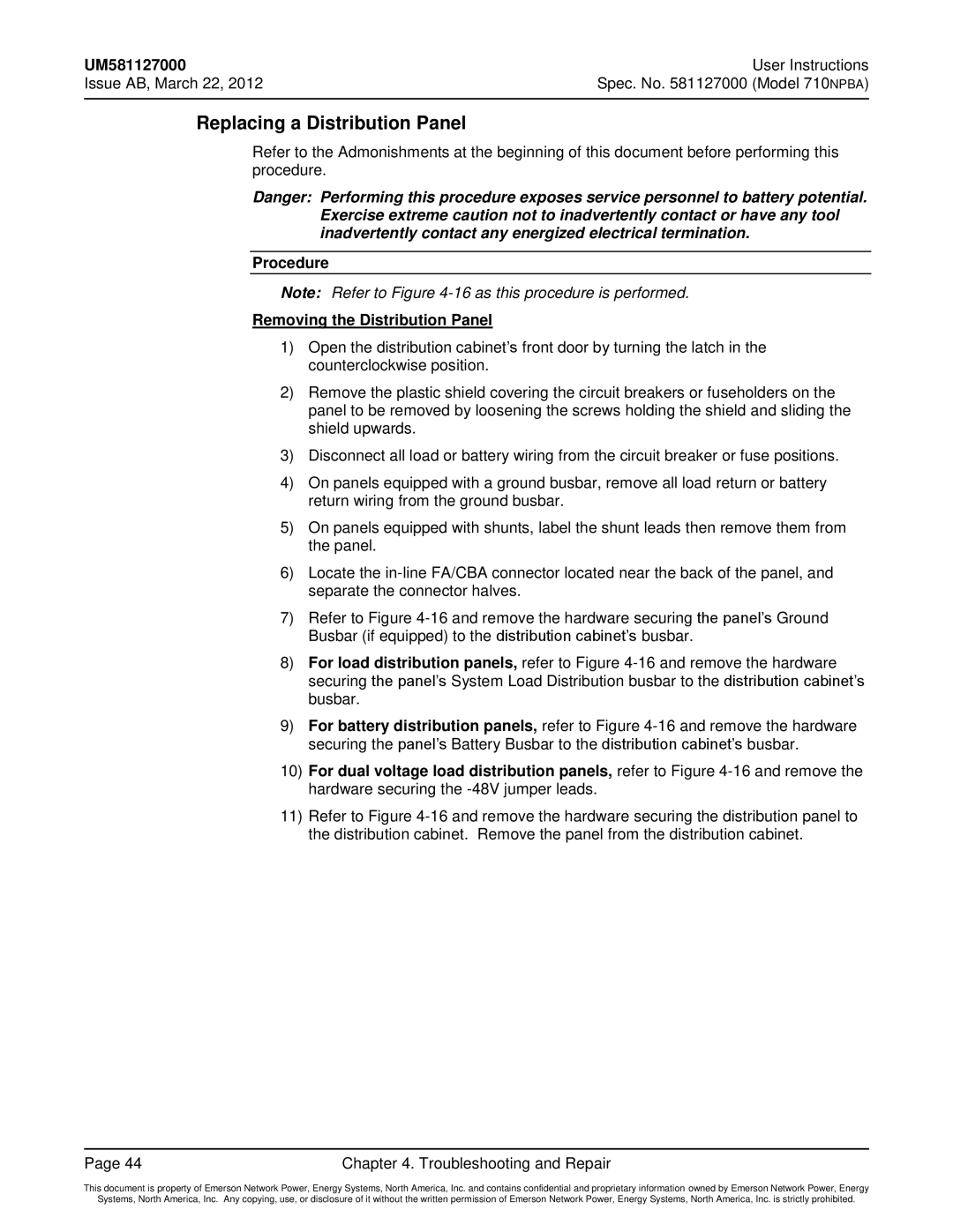 Emerson 710NPBA manual Replacing a Distribution Panel, Procedure Removing the Distribution Panel 