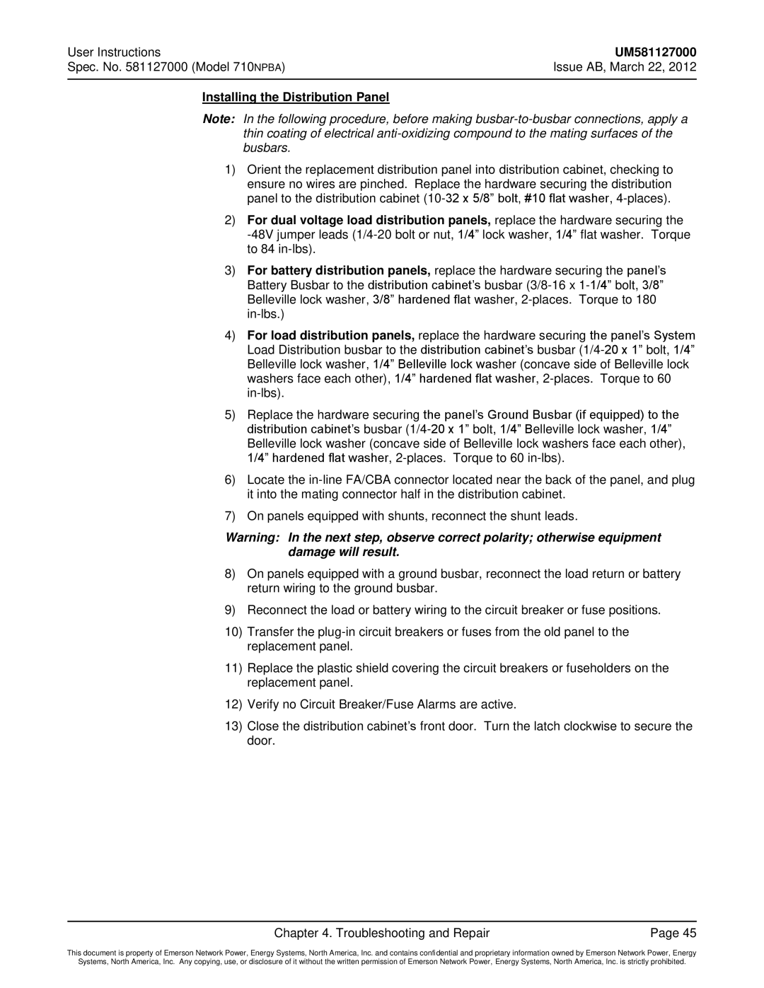 Emerson manual Spec. No Model 710NPBA Issue AB, March 22, Installing the Distribution Panel 