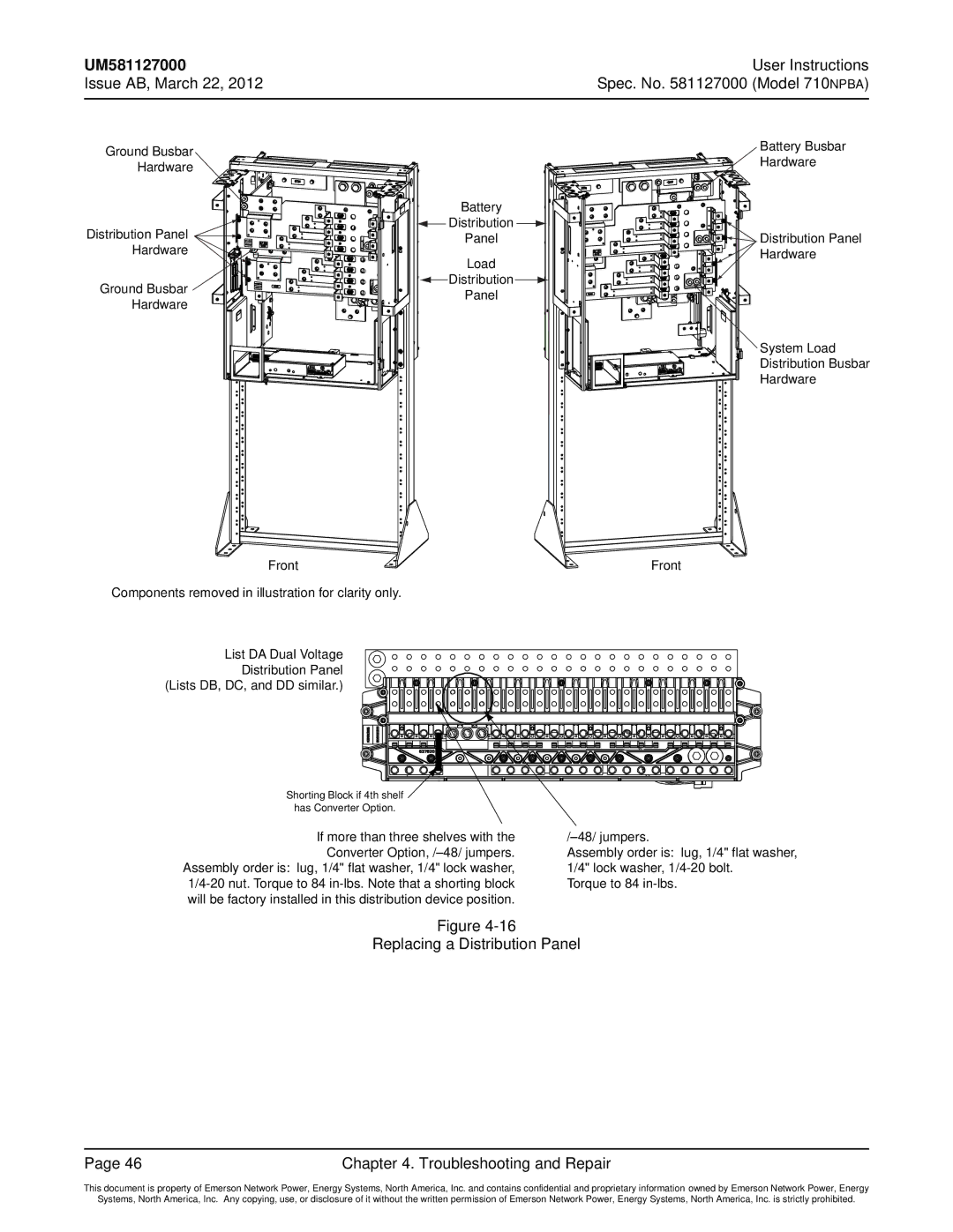 Emerson 710NPBA manual Replacing a Distribution Panel Troubleshooting and Repair 