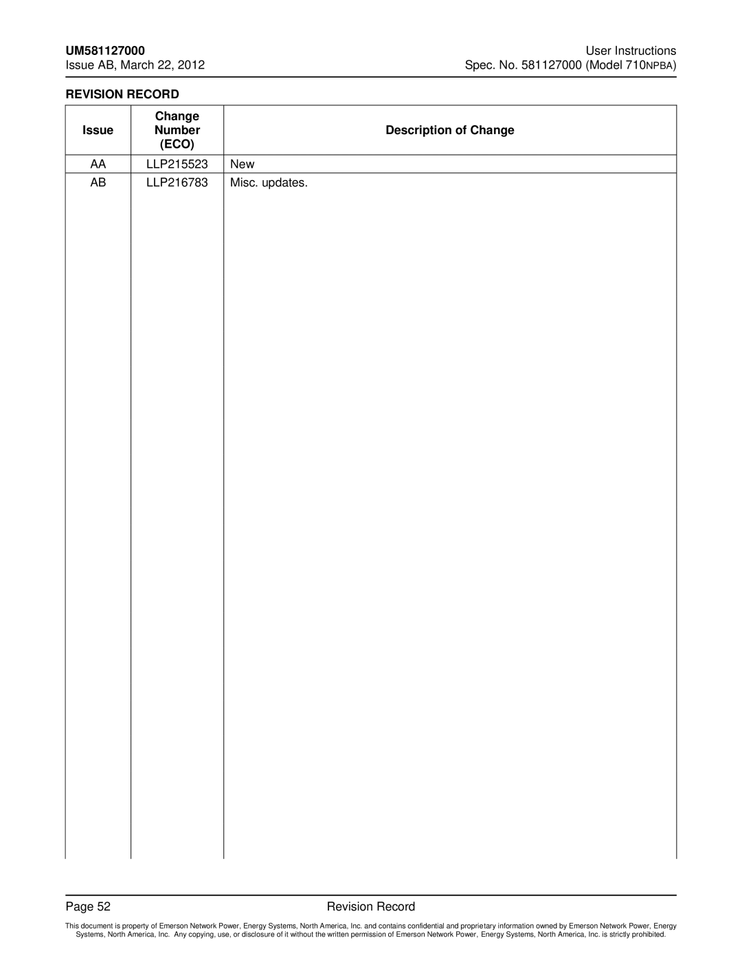 Emerson 710NPBA manual Change Issue Number Description of Change, LLP215523 New LLP216783 Misc. updates Revision Record 