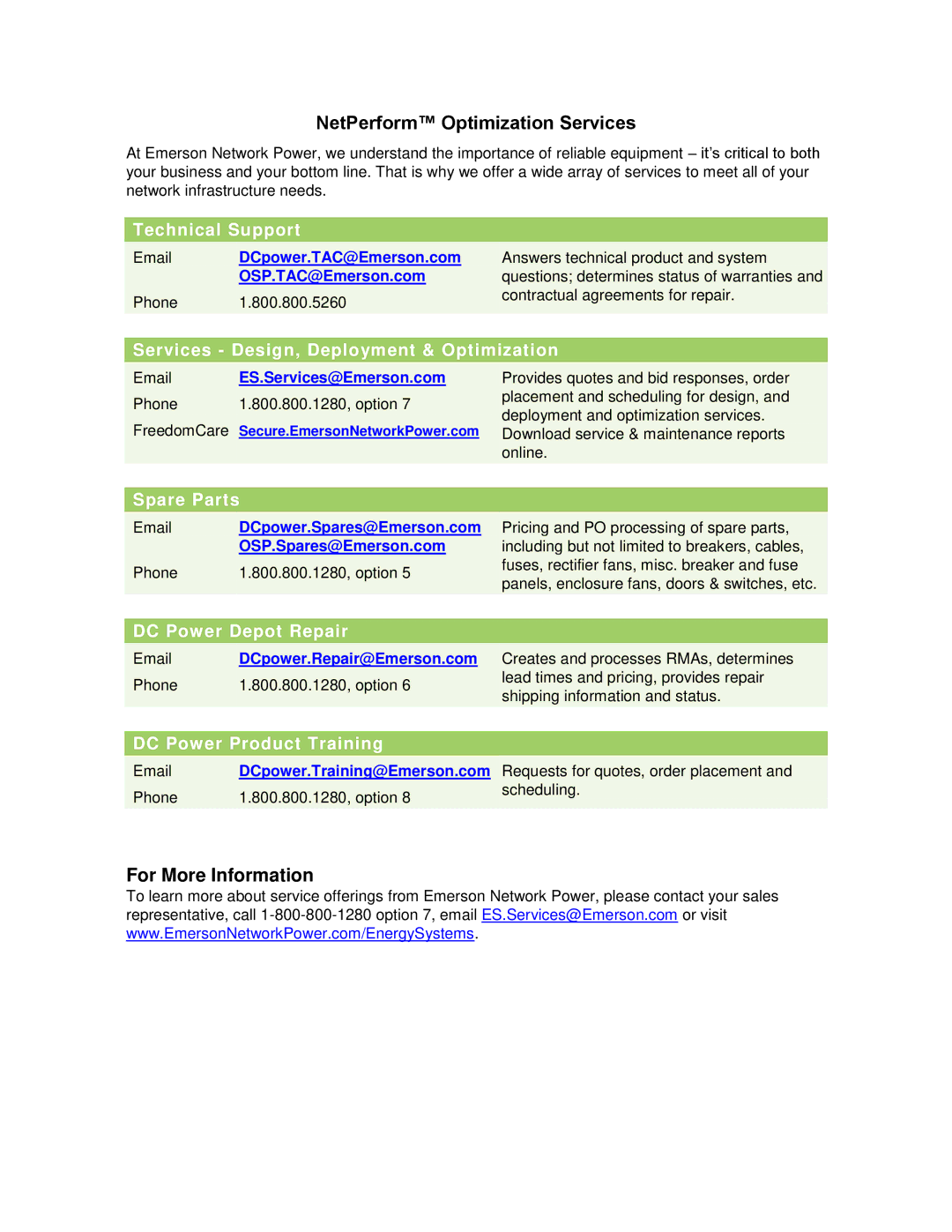 Emerson 710NPBA manual NetPerform Optimization Services, For More Information, Answers technical product and system 