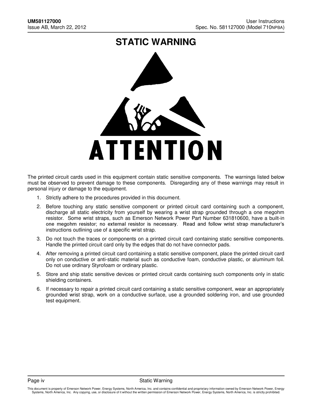 Emerson 710NPBA manual Static Warning 