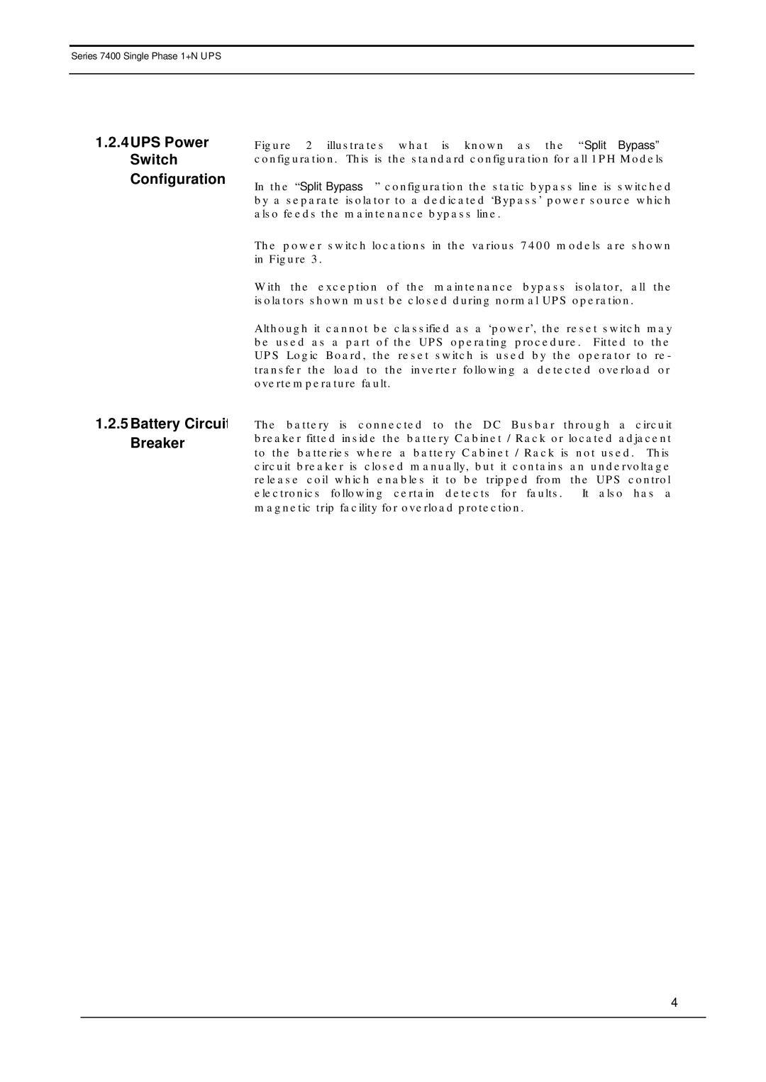 Emerson 7400 user manual UPS Power Switch Configuration Battery Circuit Breaker 