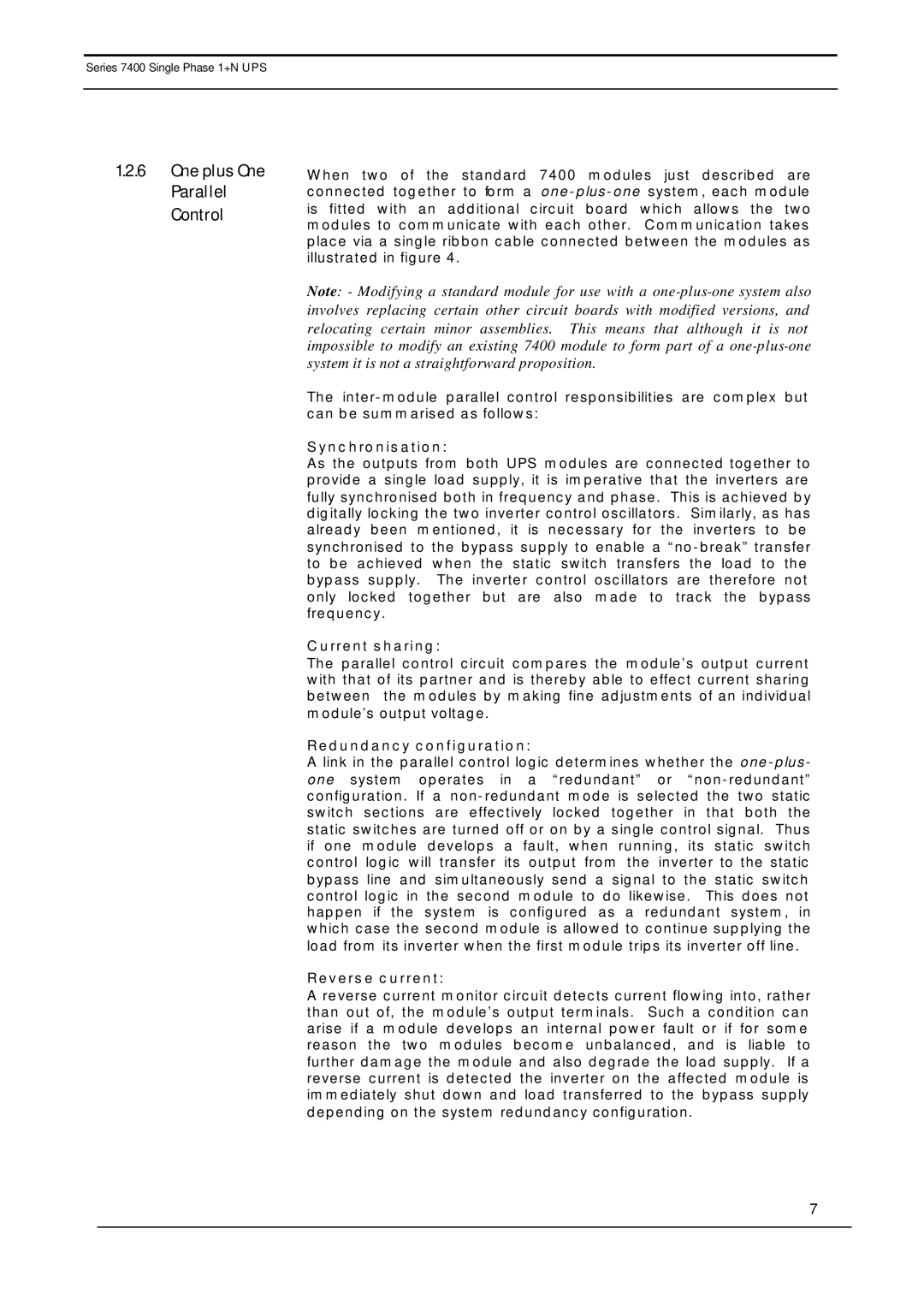 Emerson 7400 One plus One Parallel Control, Synchronisation, Current sharing, Redundancy configuration, Reverse current 