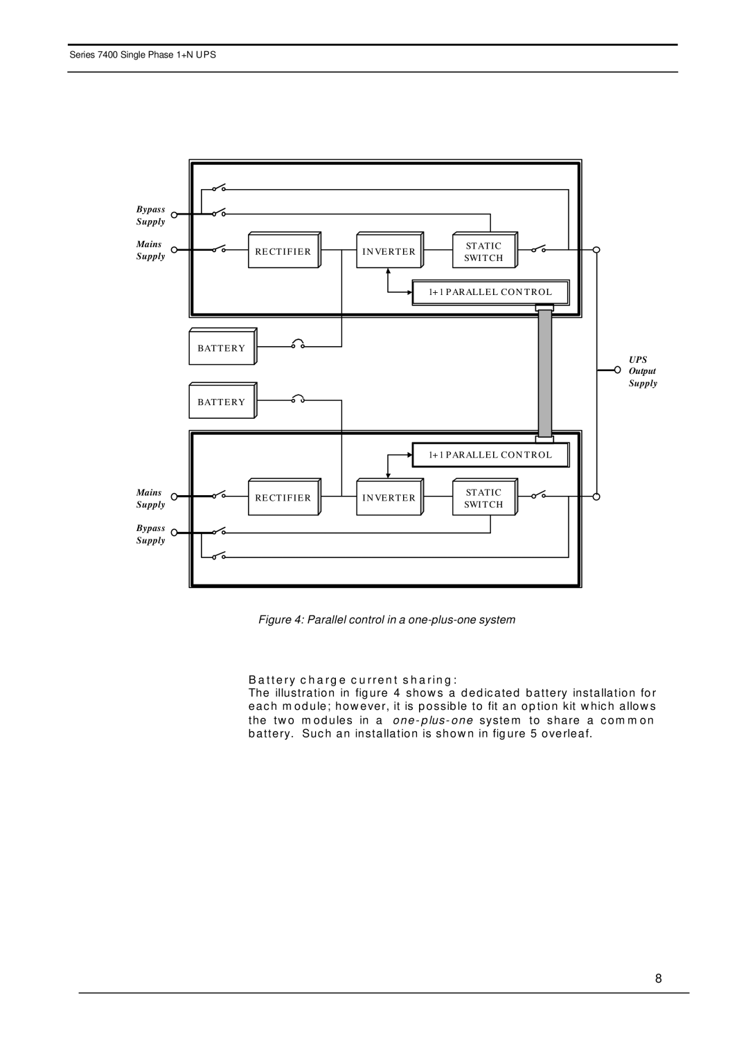 Emerson 7400 user manual Parallel control in a one-plus-one system, Battery charge current sharing 