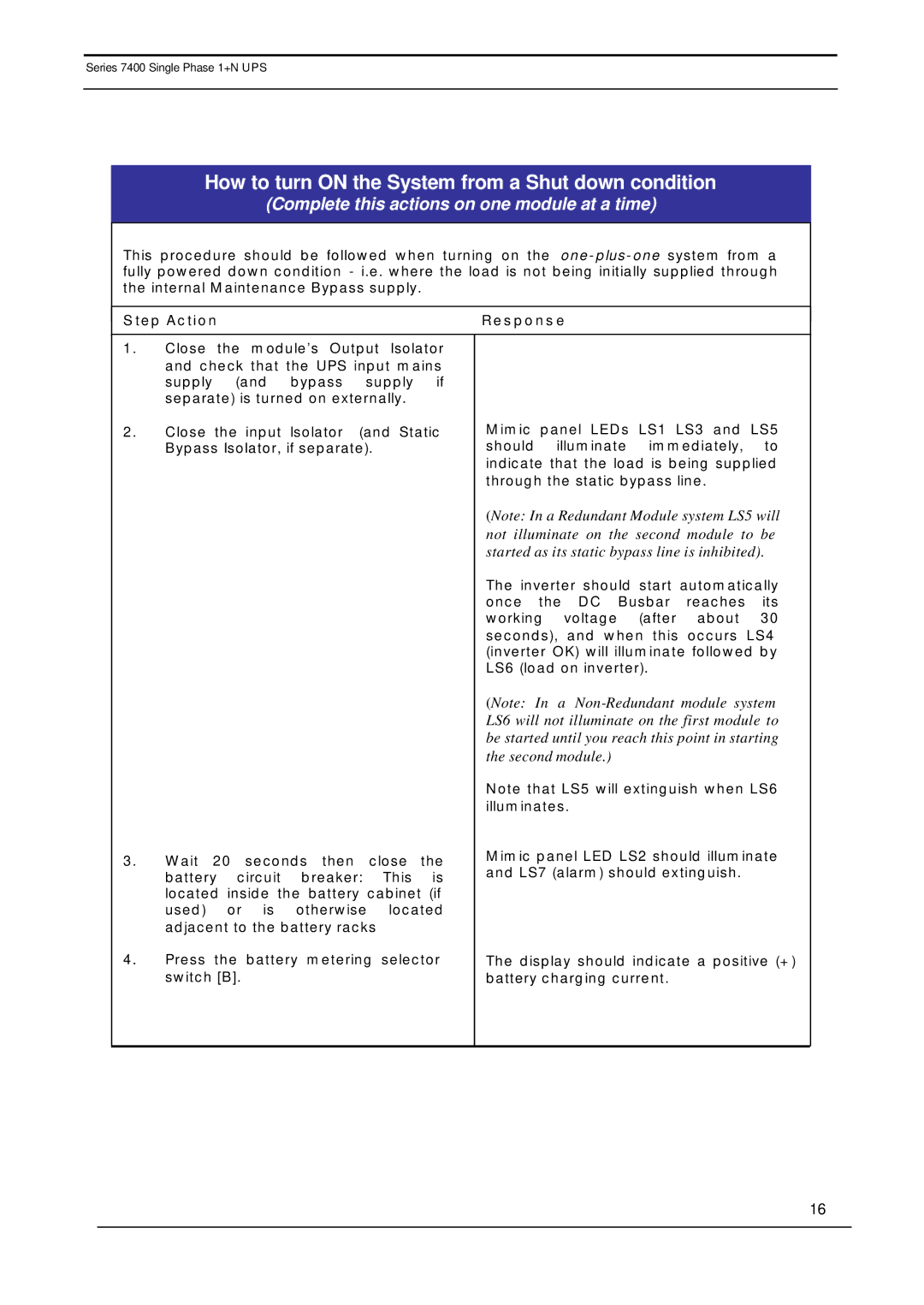 Emerson 7400 user manual How to turn on the System from a Shut down condition, Step Action Response 