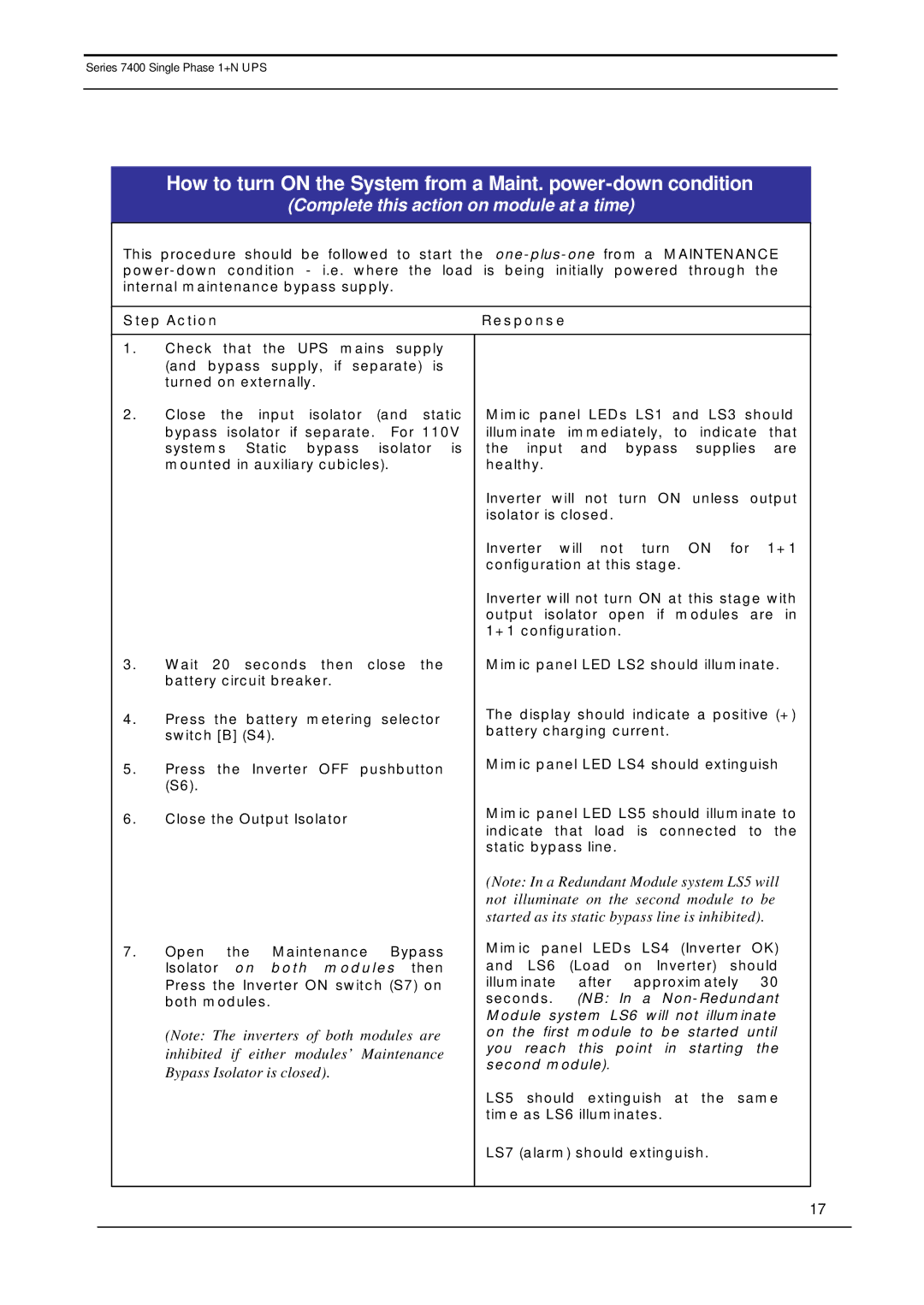 Emerson 7400 user manual How to turn on the System from a Maint. power-down condition 