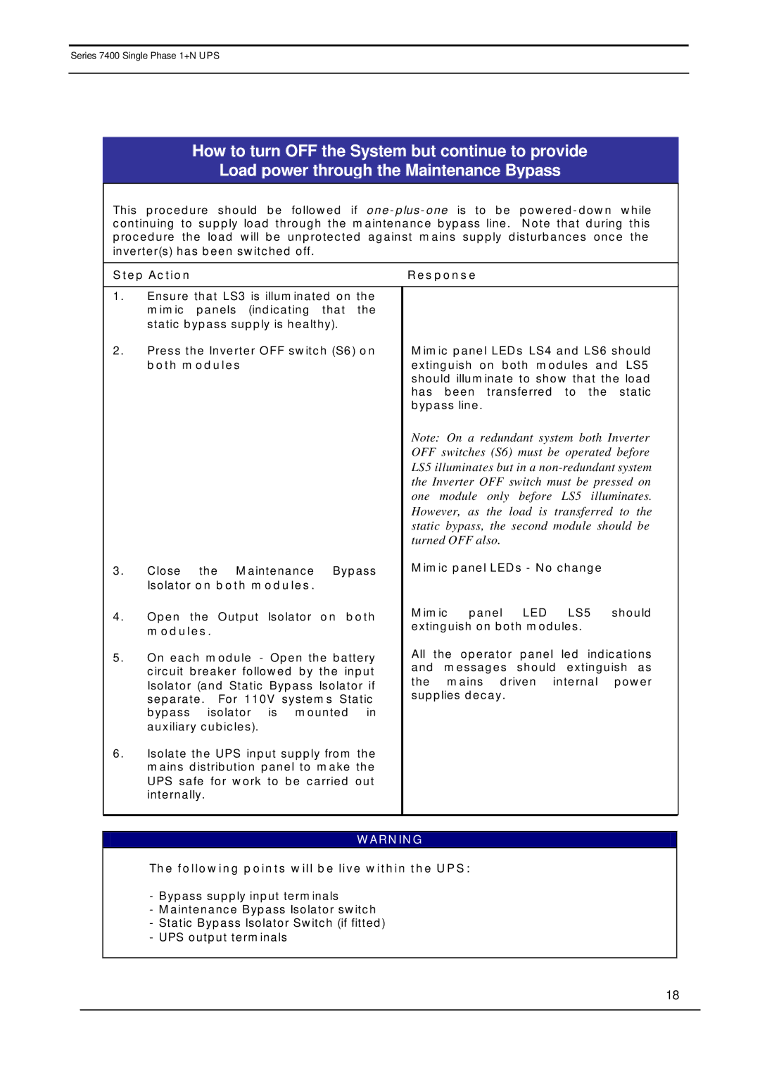 Emerson 7400 user manual Isolator on both modules, Following points will be live within the UPS 