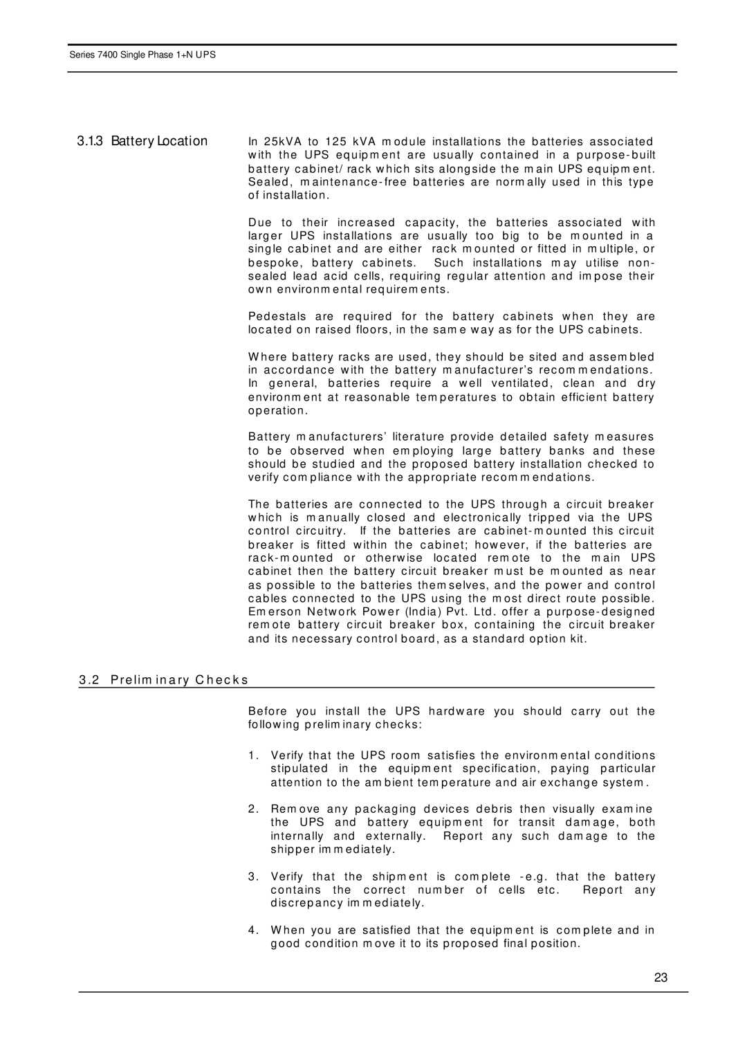 Emerson 7400 user manual Battery Location, Preliminary Checks 