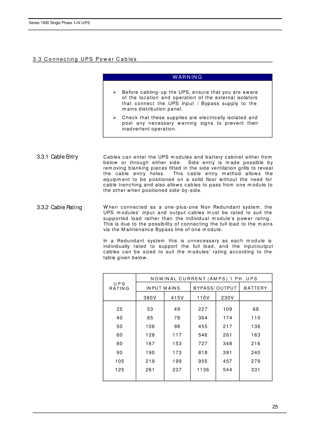 Emerson 7400 user manual Cable Entry Cable Rating 