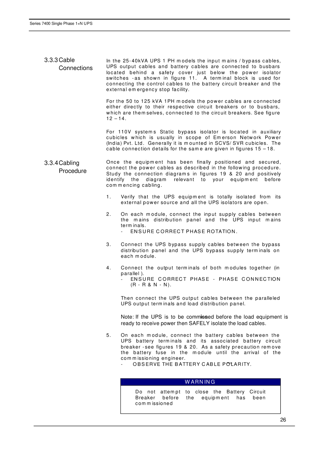 Emerson 7400 user manual Cable Connections Cabling Procedure, Ensure Correct Phase Rotation 