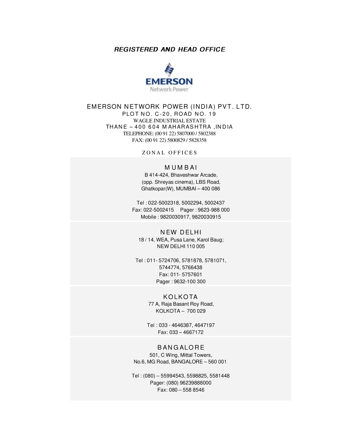 Emerson 7400 user manual Registered and Head Office 