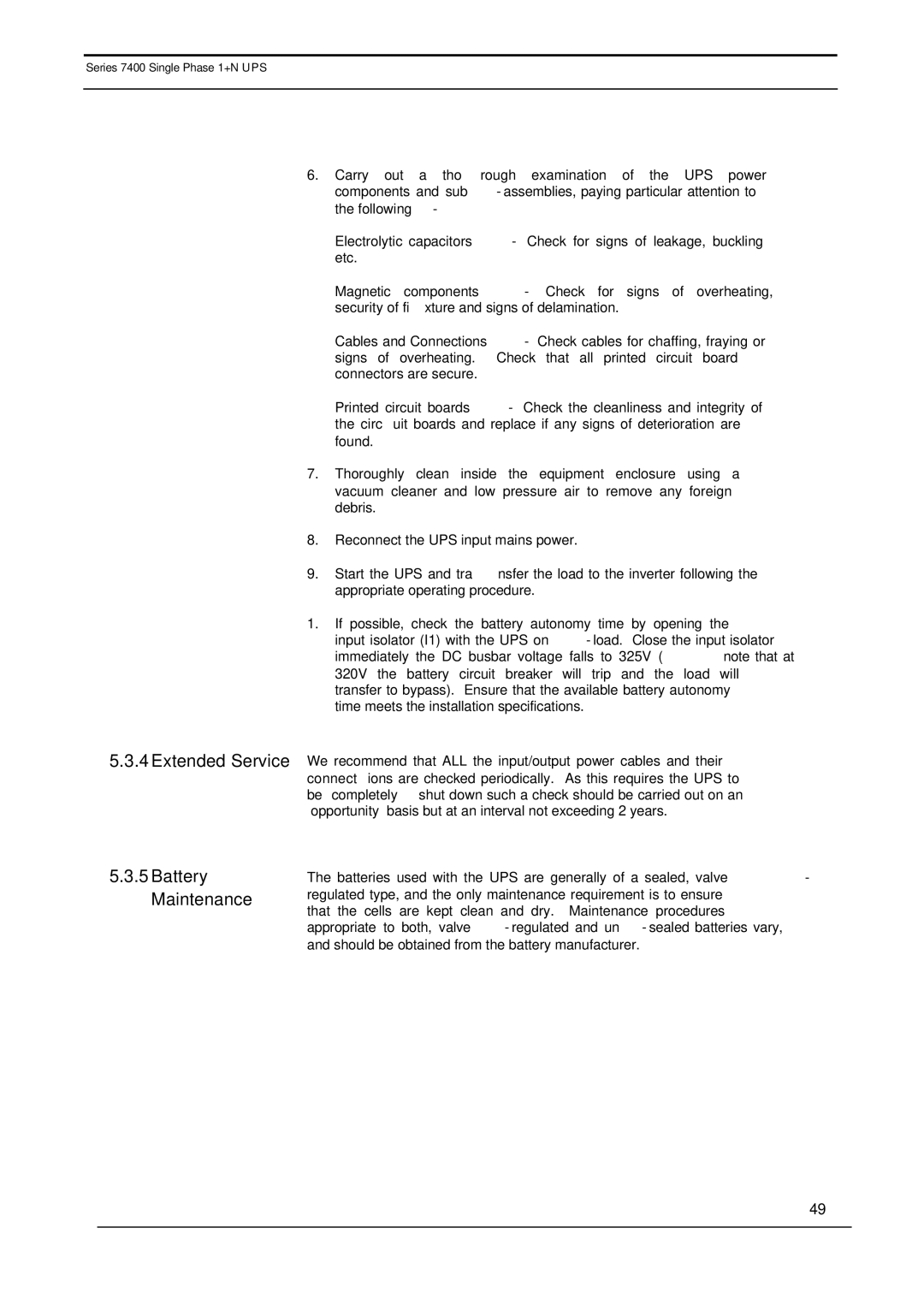 Emerson 7400 user manual Extended Service Battery Maintenance 