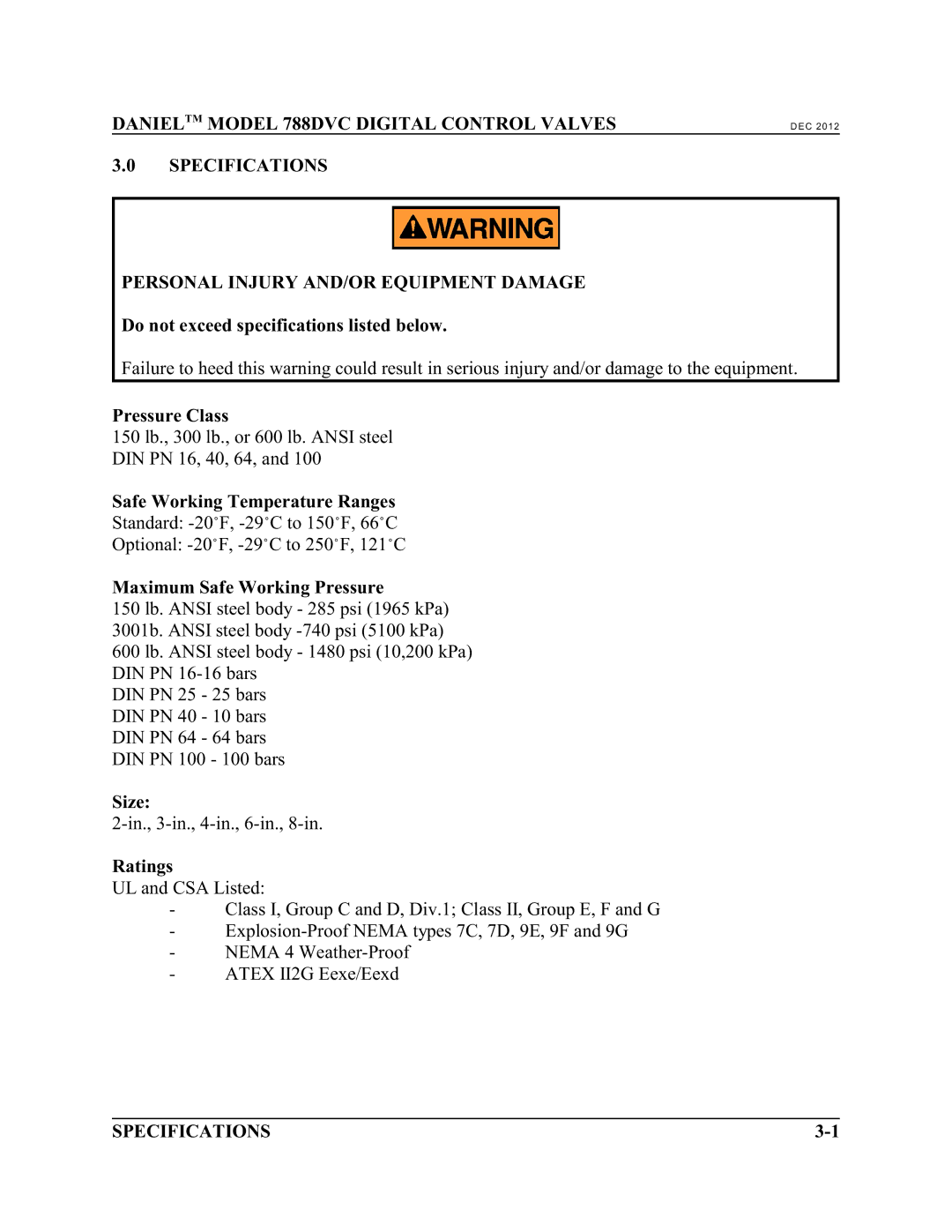 Emerson 788 DVC Do not exceed specifications listed below, Pressure Class, Safe Working Temperature Ranges, Size, Ratings 