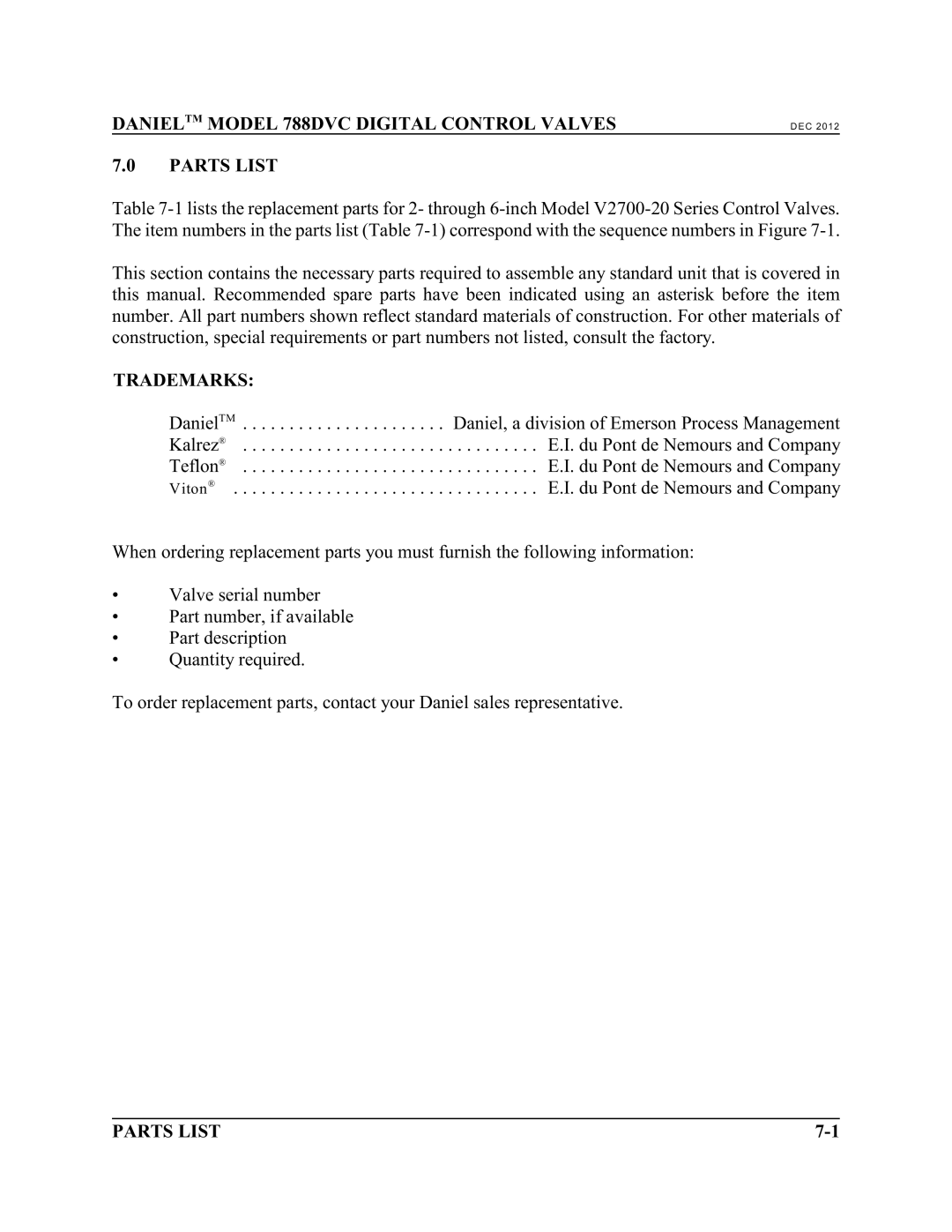 Emerson 788 DVC manual Danieltm Model 788DVC Digital Control Valves Parts List 