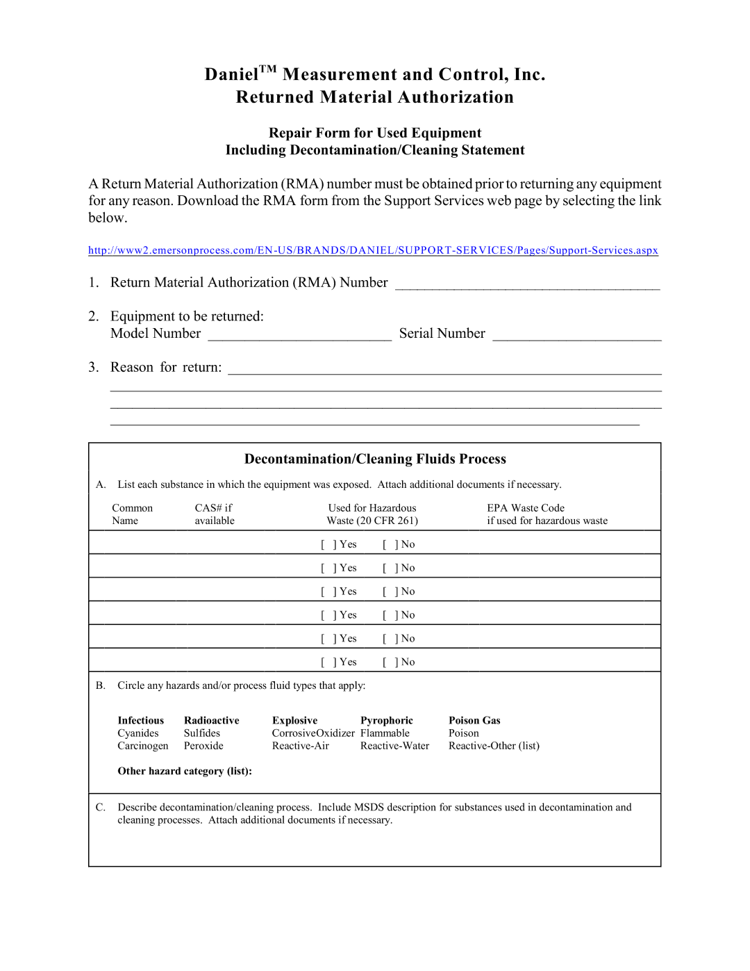 Emerson 788 DVC manual Decontamination/Cleaning Fluids Process, Infectious Radioactive Explosive Pyrophoric Poison Gas 