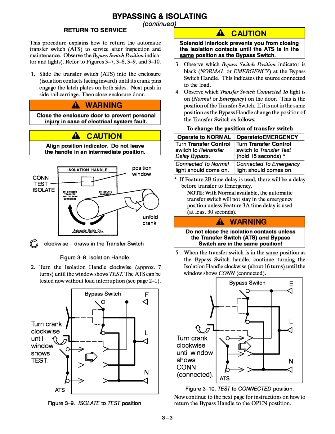 Emerson 7ACTB manual Bypassing & Isolating, continued, Return To Service, To change the position of transfer switch 