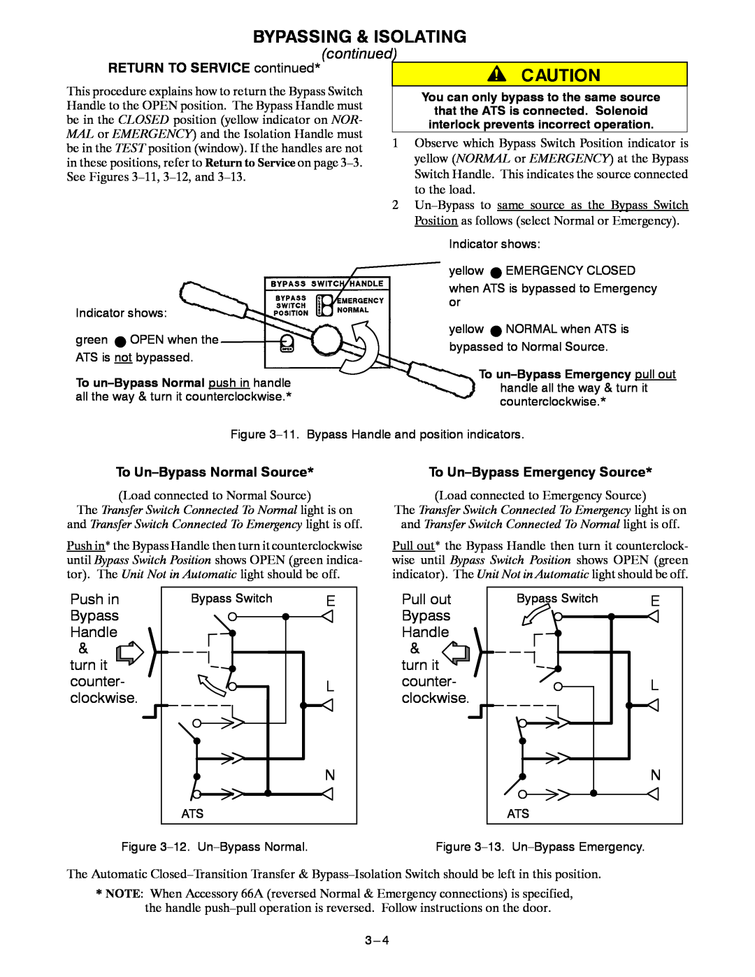 Emerson 7ACTB manual Bypassing & Isolating, RETURN TO SERVICE continued, To Un-Bypass Normal Source 