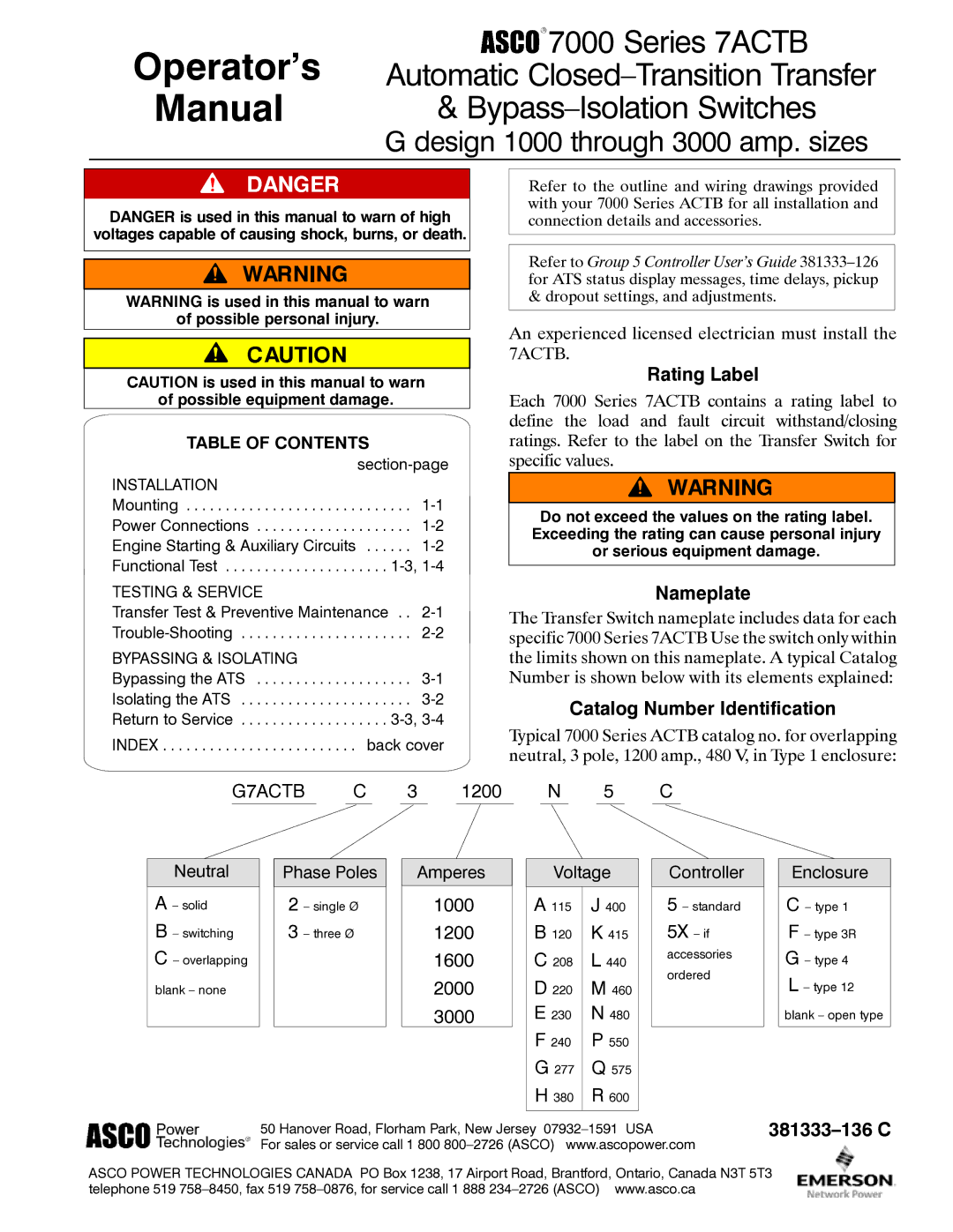 Emerson 7ACTB manual Rating Label, Nameplate, Catalog Number Identification, 1000 1200 1600 2000 3000 