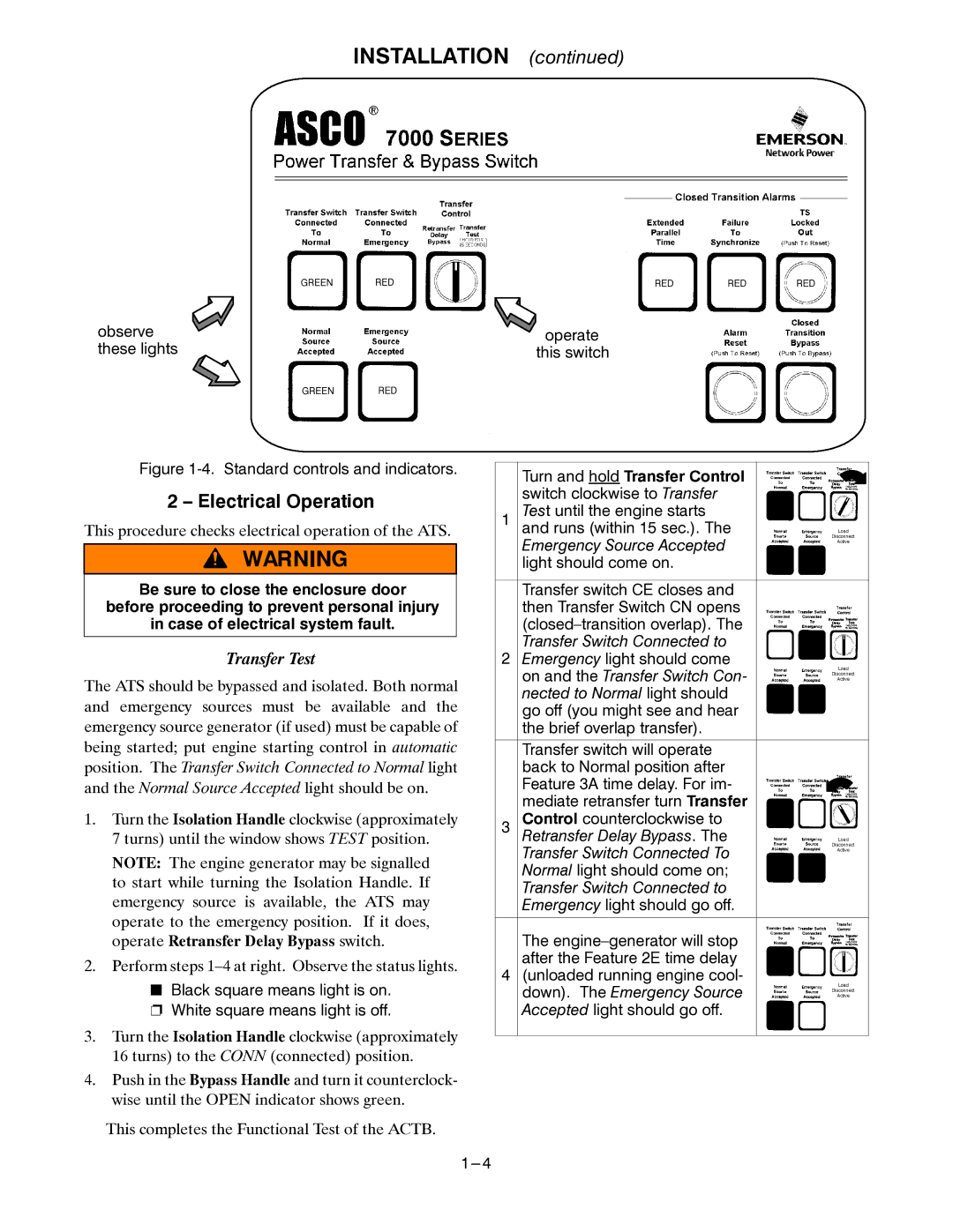 Emerson 7ACTB manual Electrical Operation, Turn and hold Transfer Control switch clockwise to Transfer 