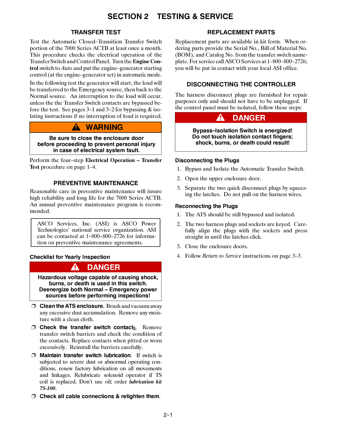 Emerson 7ACTB manual Testing & Service, Transfer Test, Preventive Maintenance, Disconnecting the Controller 