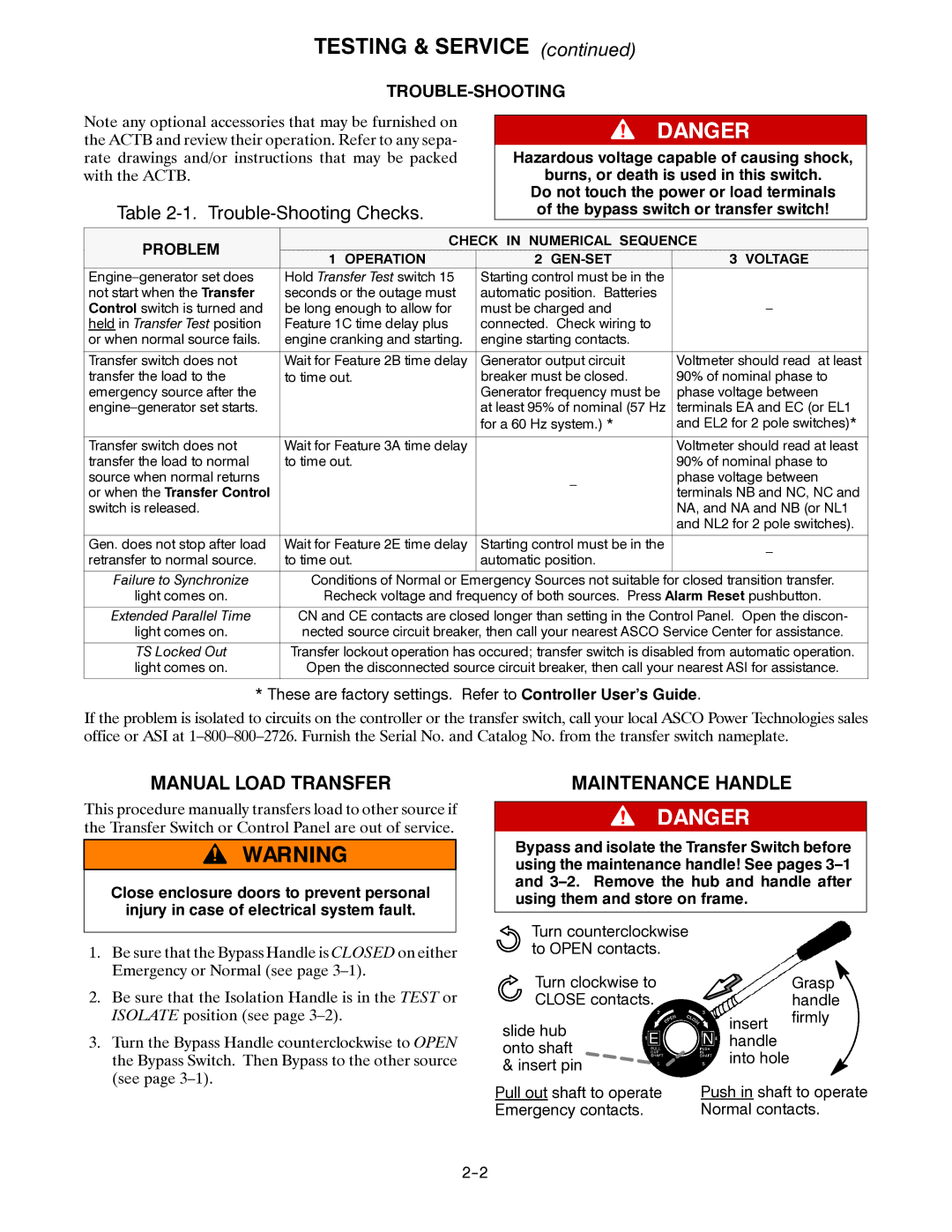 Emerson 7ACTB manual Testing & Service, Trouble-Shooting Checks, Maintenance Handle 