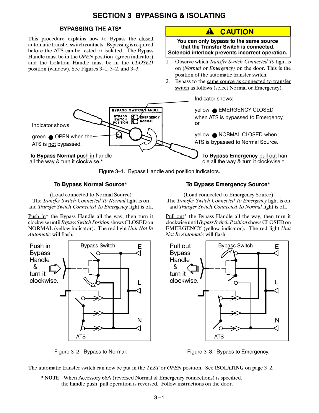 Emerson 7ACTB manual Bypassing & Isolating, Push, Bypass Handle Turn it Clockwise, Pull out, Bypassing the ATS 