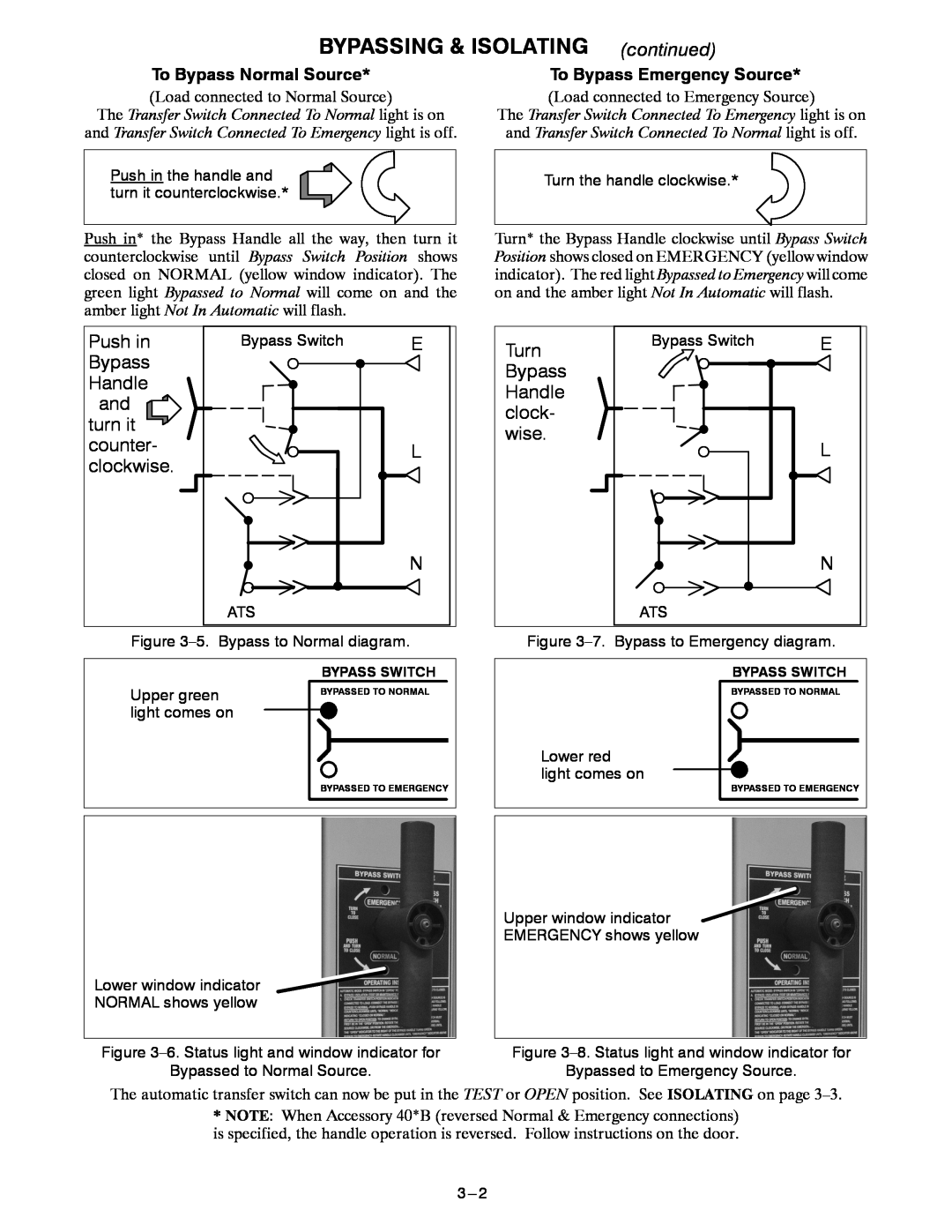 Emerson 7ADTB manual BYPASSING & ISOLATING continued, To Bypass Normal Source, To Bypass Emergency Source 