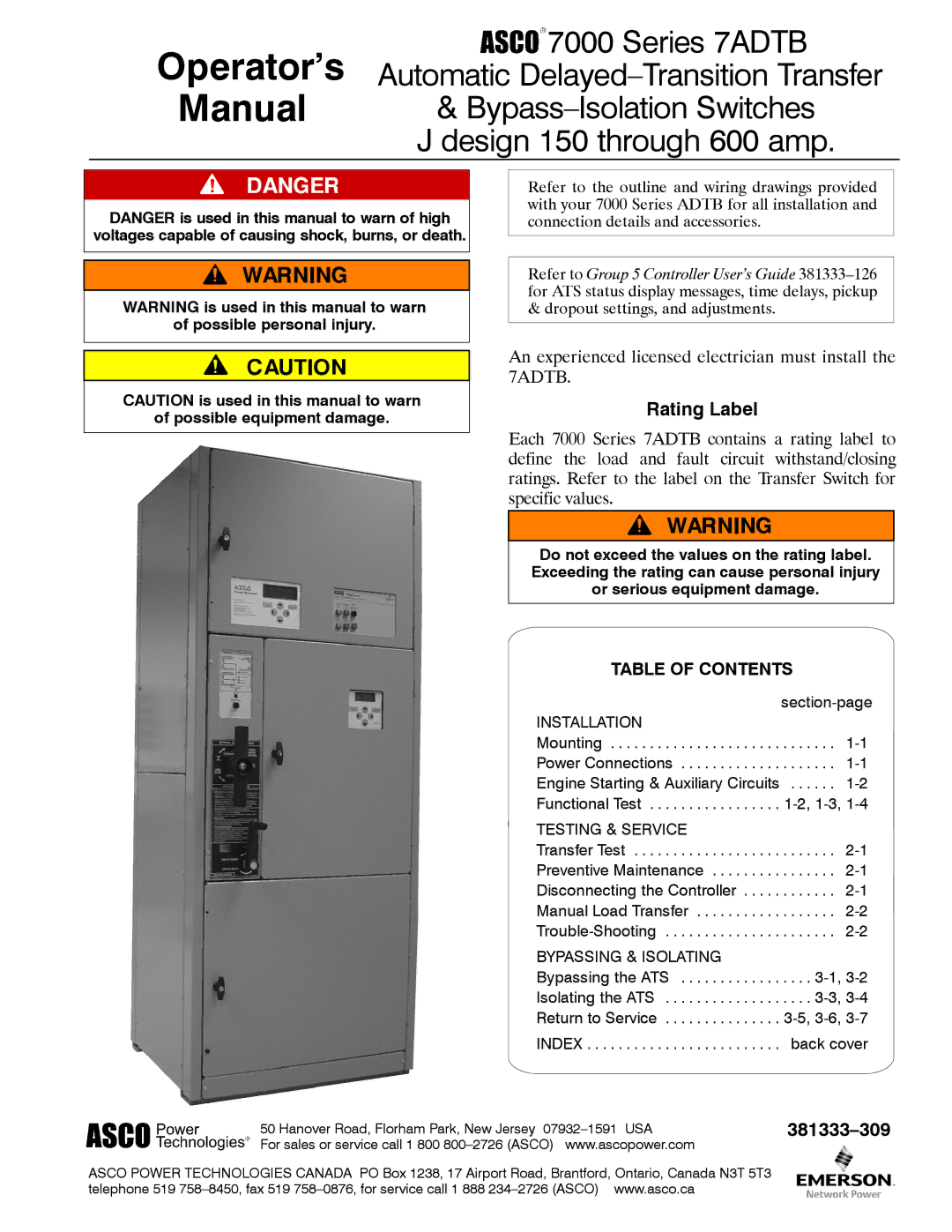 Emerson 7ADTB manual Rating Label, Table of Contents 