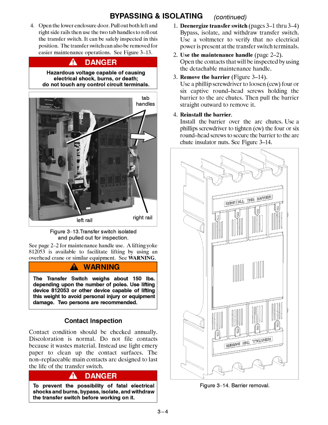 Emerson 7ADTB manual Contact Inspection, Tab Handles Left rail Right rail 