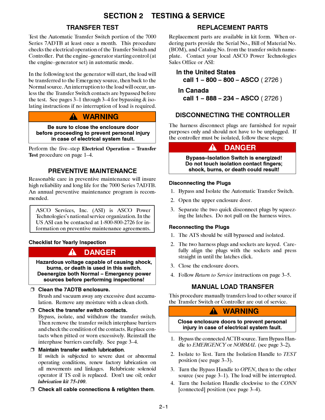 Emerson 7ADTB manual Testing & Service, Replacement Parts 