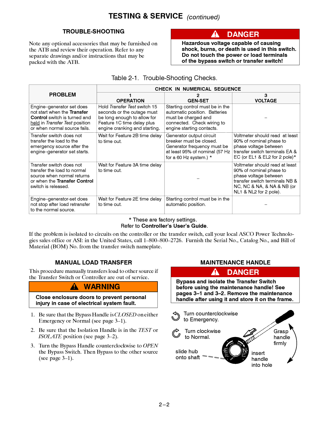 Emerson 7ATB manual Testing & Service, Trouble-Shooting Checks, Manual Load Transfer Maintenance Handle 