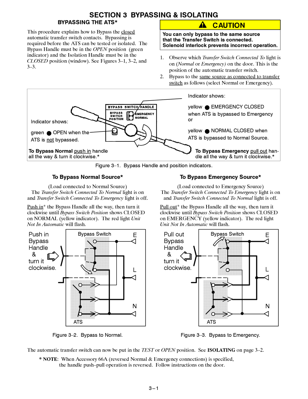 Emerson 7ATB manual Bypassing & Isolating, Push, Bypass Handle Turn it Clockwise, Pull out, Bypassing the ATS 