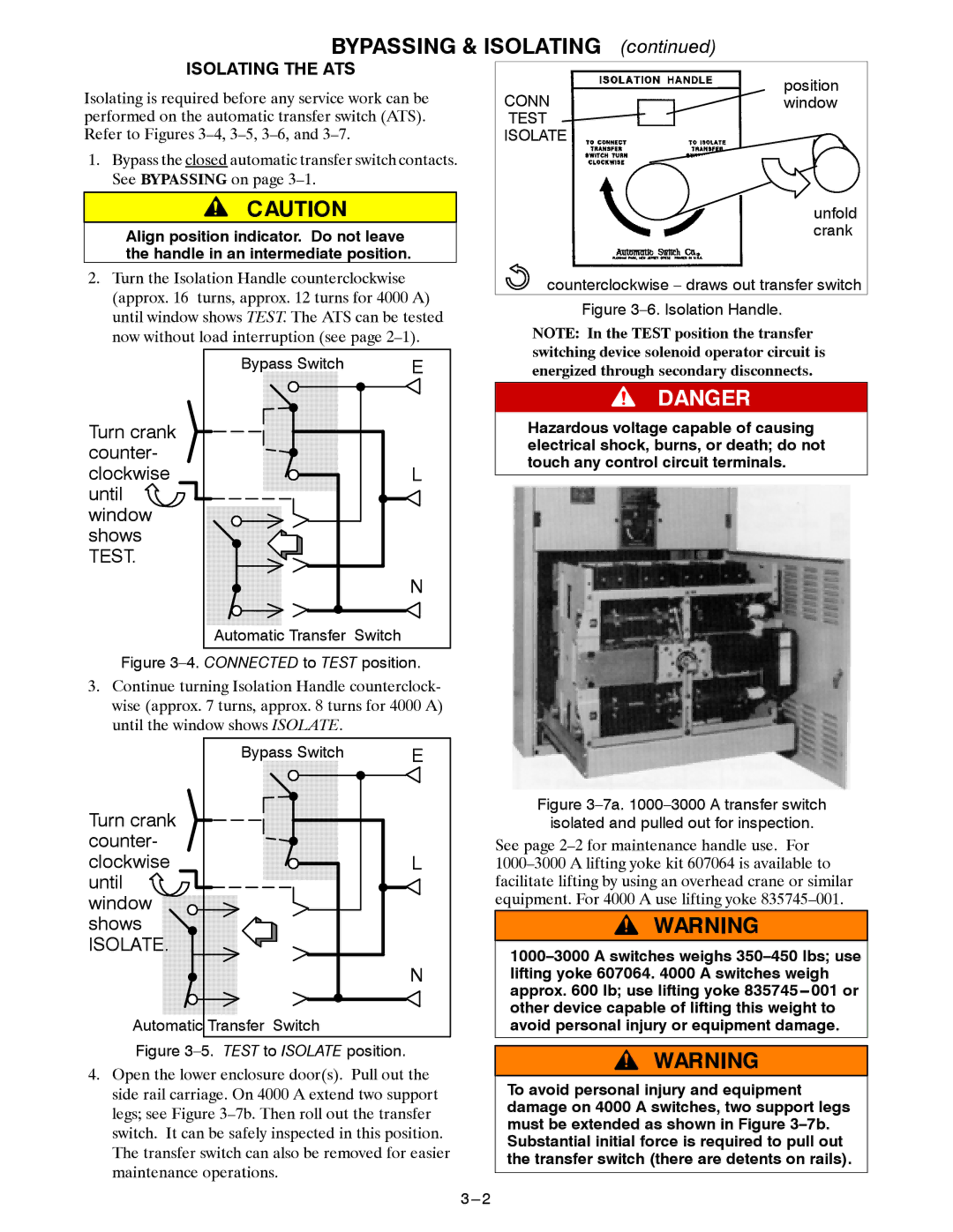 Emerson 7ATB manual Bypassing & Isolating, Turn crank Counter Clockwise Until Window Shows, Isolating the ATS 