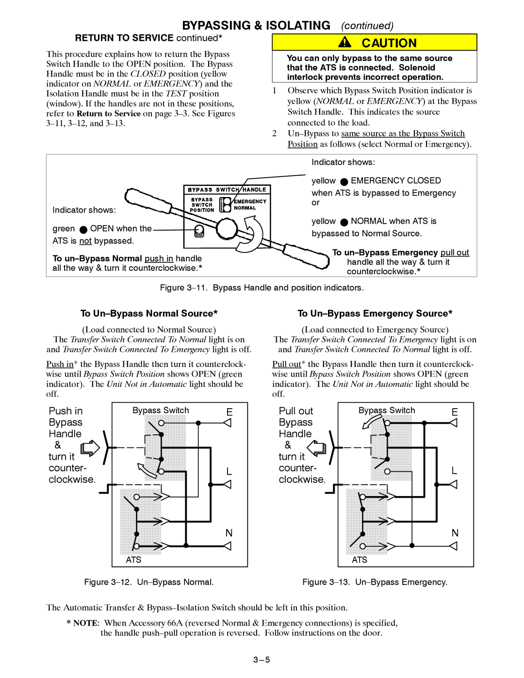 Emerson 7ATB manual Bypass Handle Turn it Counter Clockwise, Return to Service, To Un-Bypass Normal Source 