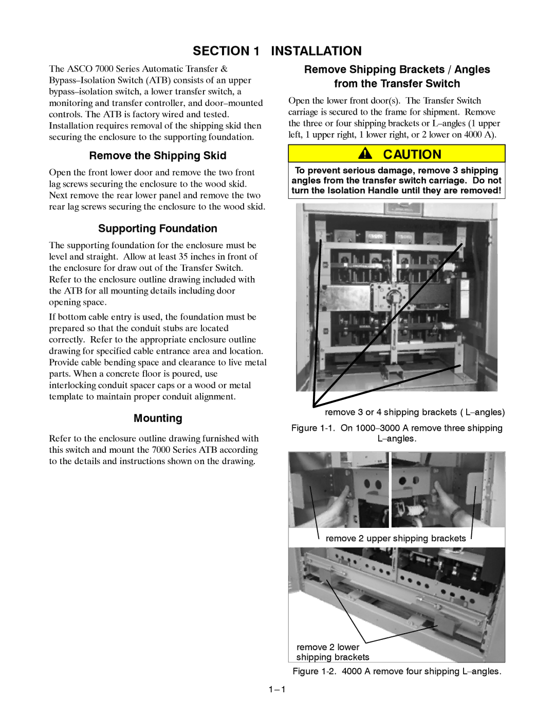 Emerson 7ATB Installation, Remove Shipping Brackets / Angles From the Transfer Switch, Remove the Shipping Skid, Mounting 