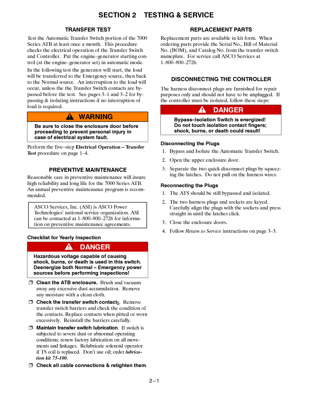 Emerson 7ATB manual Testing & Service, Transfer Test, Preventive Maintenance, Disconnecting the Controller 