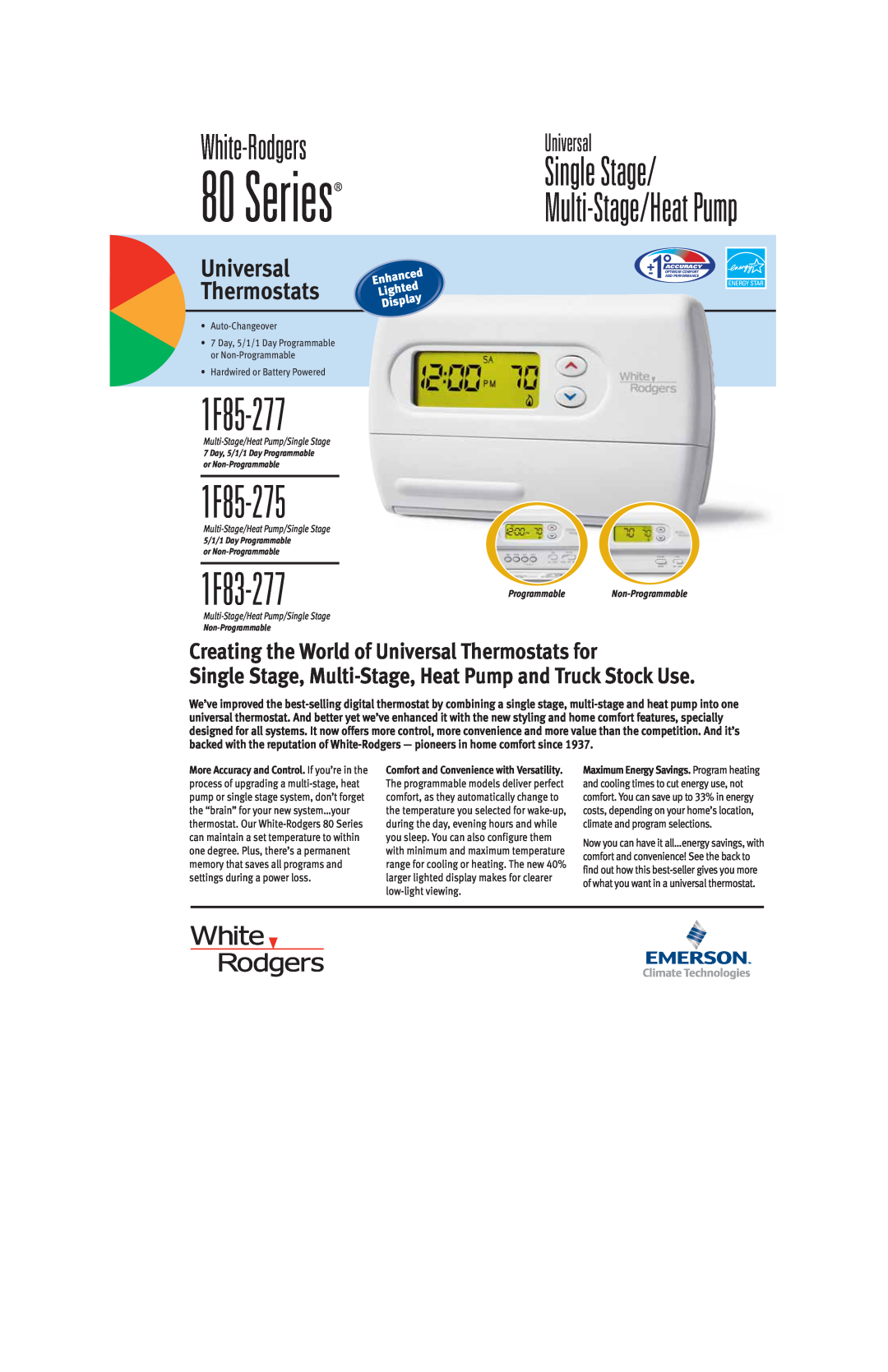 Emerson 80 Series manual White-Rodgers, 1F85-277, 1F85-275, 1F83-277, Single Stage, Universal Thermostats, Enhanced 