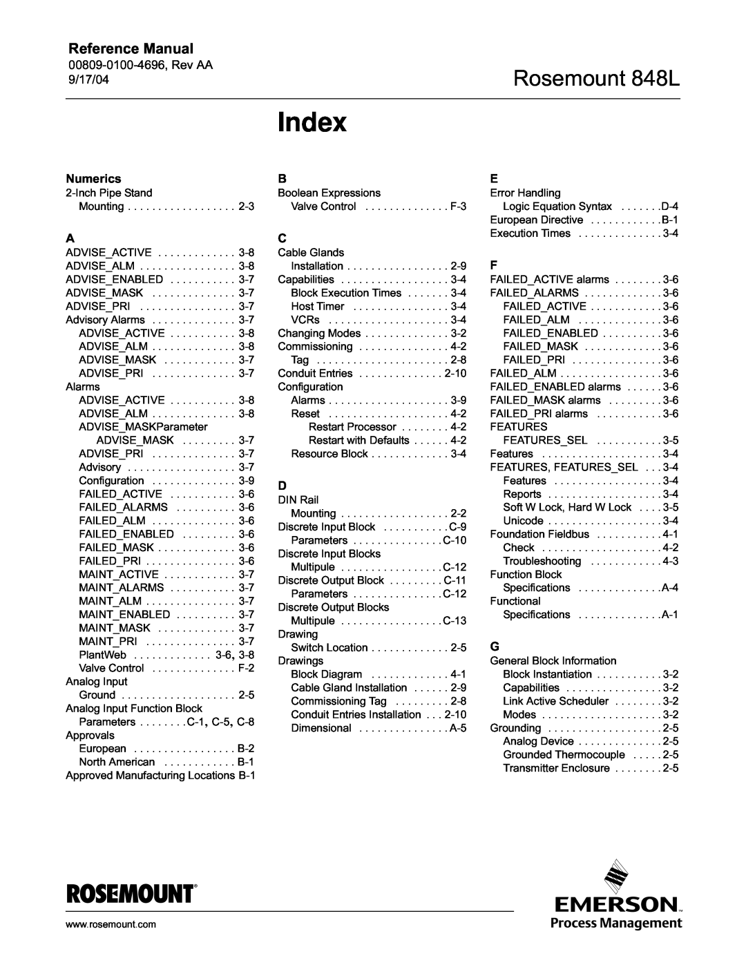 Emerson manual Index, Rosemount 848L, Reference Manual, 00809-0100-4696,Rev AA 9/17/04, Numerics 