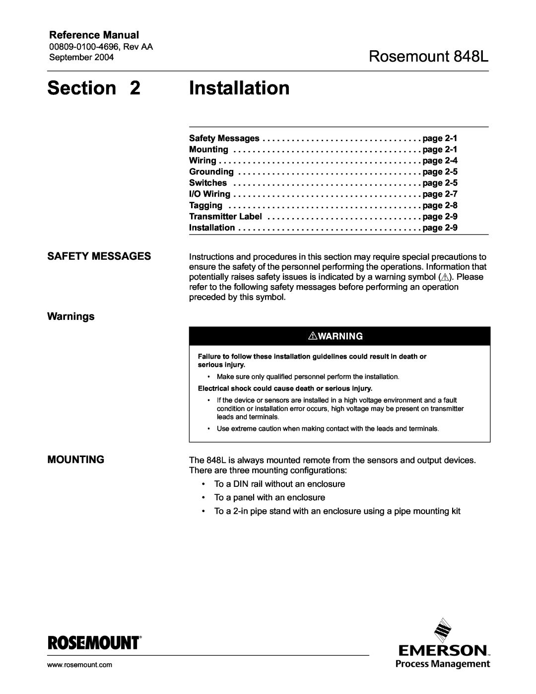 Emerson manual Installation, SAFETY MESSAGES Warnings MOUNTING, Section, Rosemount 848L, Reference Manual 
