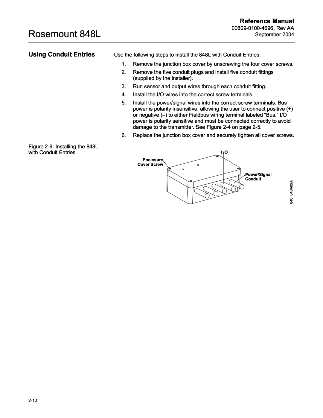 Emerson manual Using Conduit Entries, Rosemount 848L, Reference Manual 