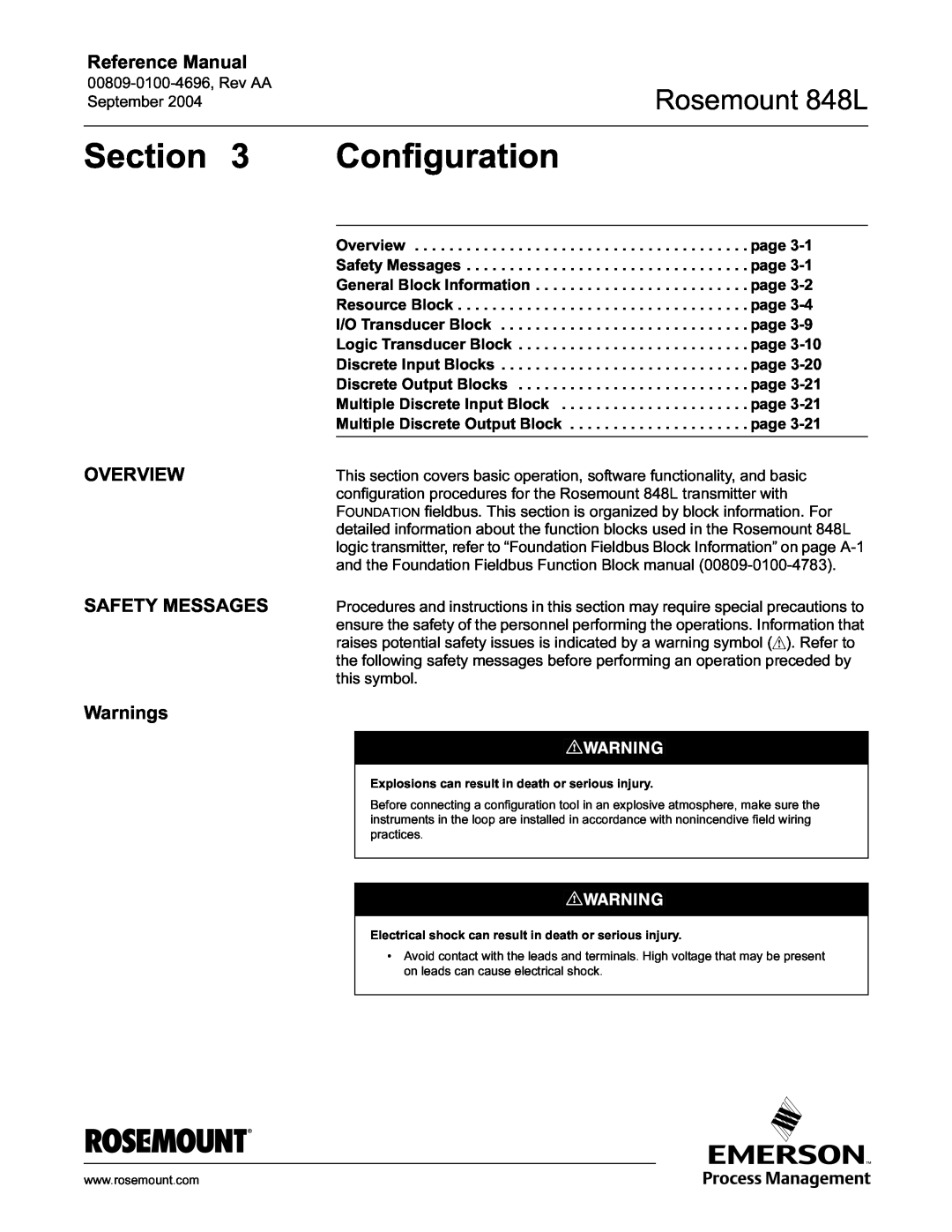 Emerson manual Configuration, OVERVIEW SAFETY MESSAGES Warnings, Section, Rosemount 848L, Reference Manual 