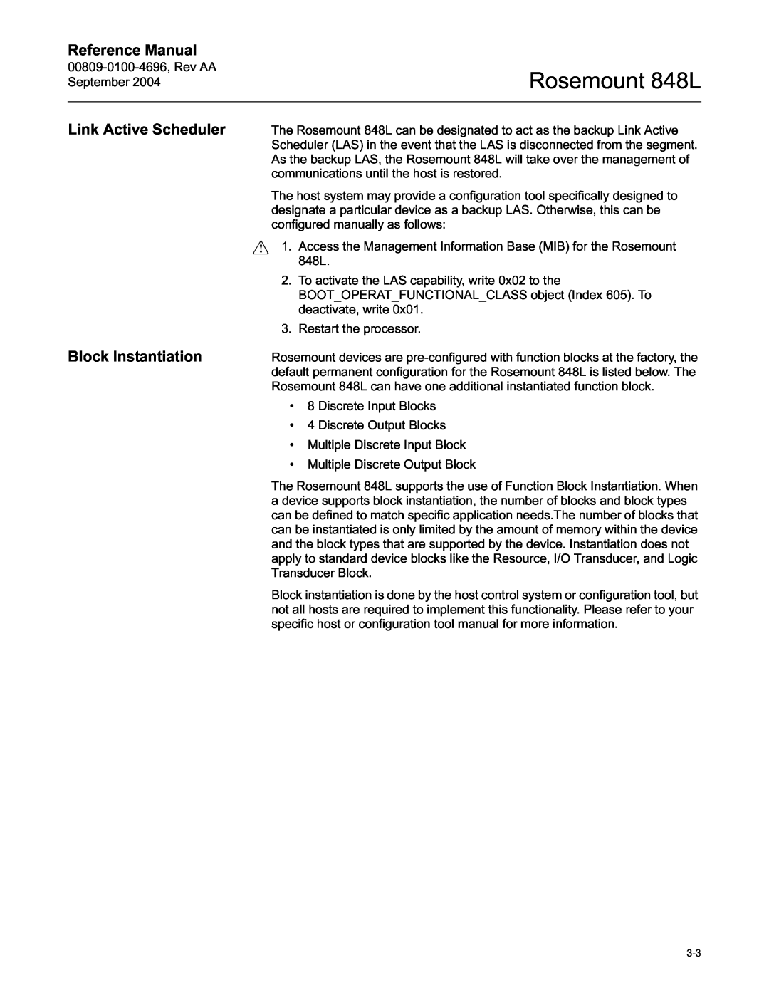 Emerson manual Link Active Scheduler Block Instantiation, Rosemount 848L, Reference Manual 