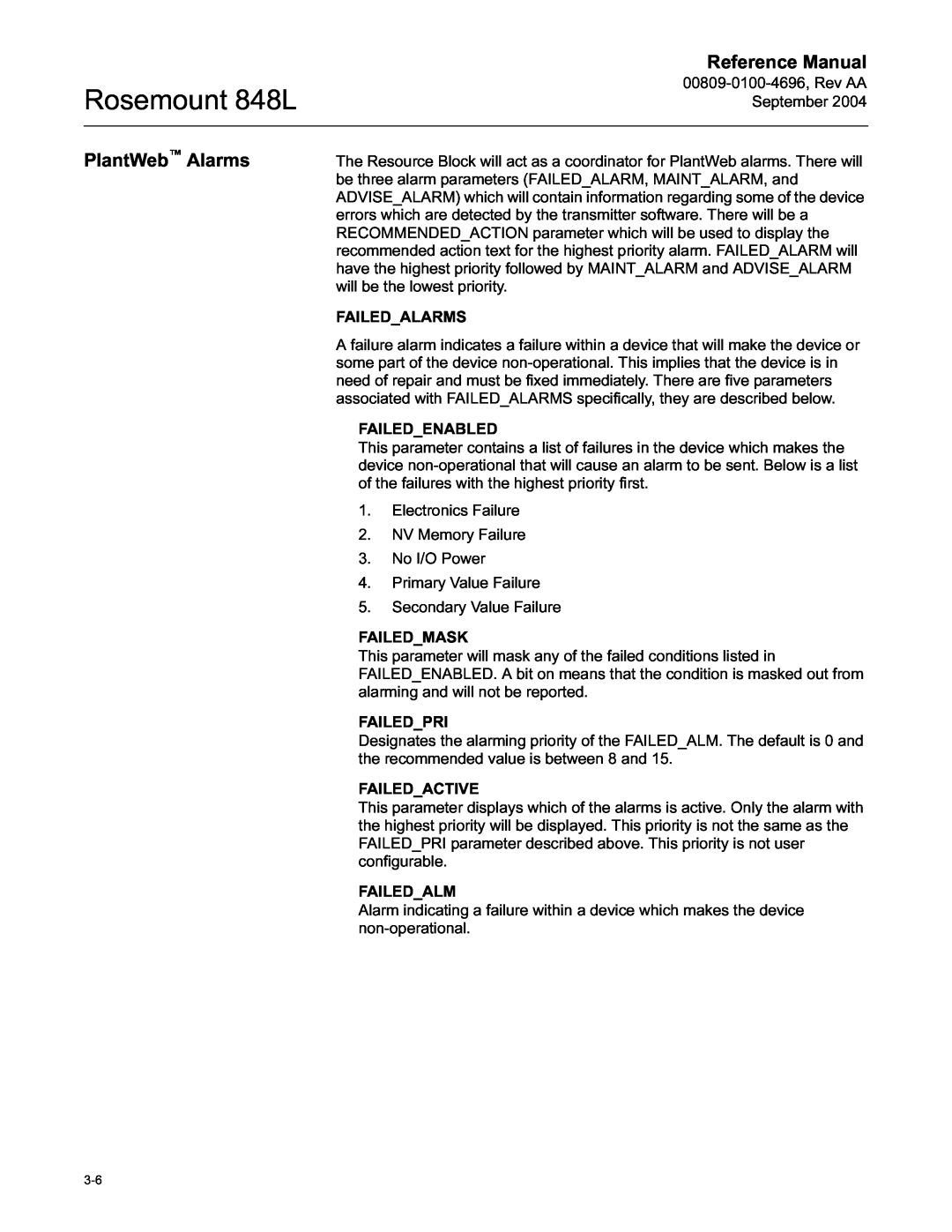 Emerson manual PlantWeb Alarms, Rosemount 848L, Reference Manual 